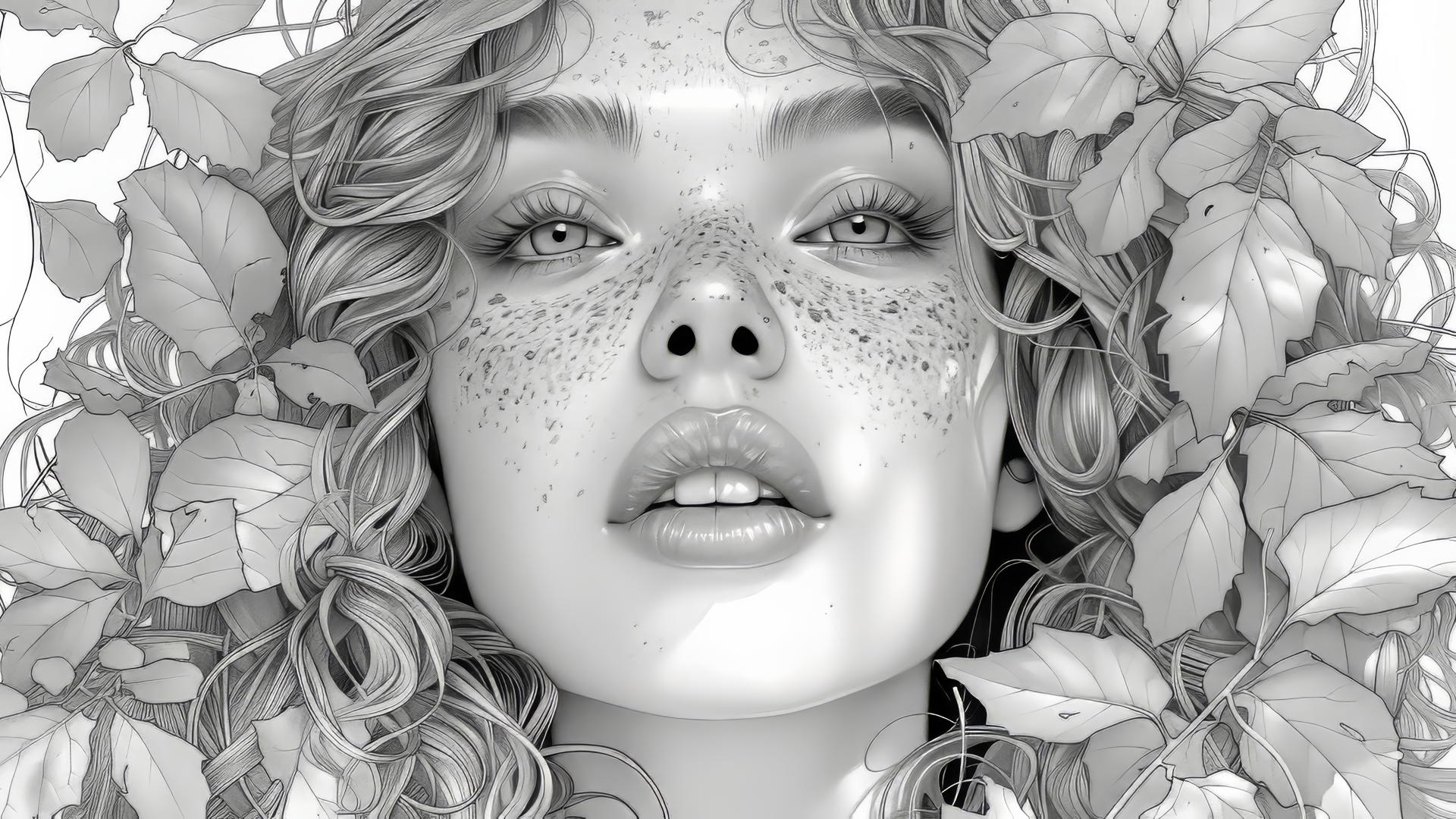 Black and white inked portrait of Poison Ivy for coloring.