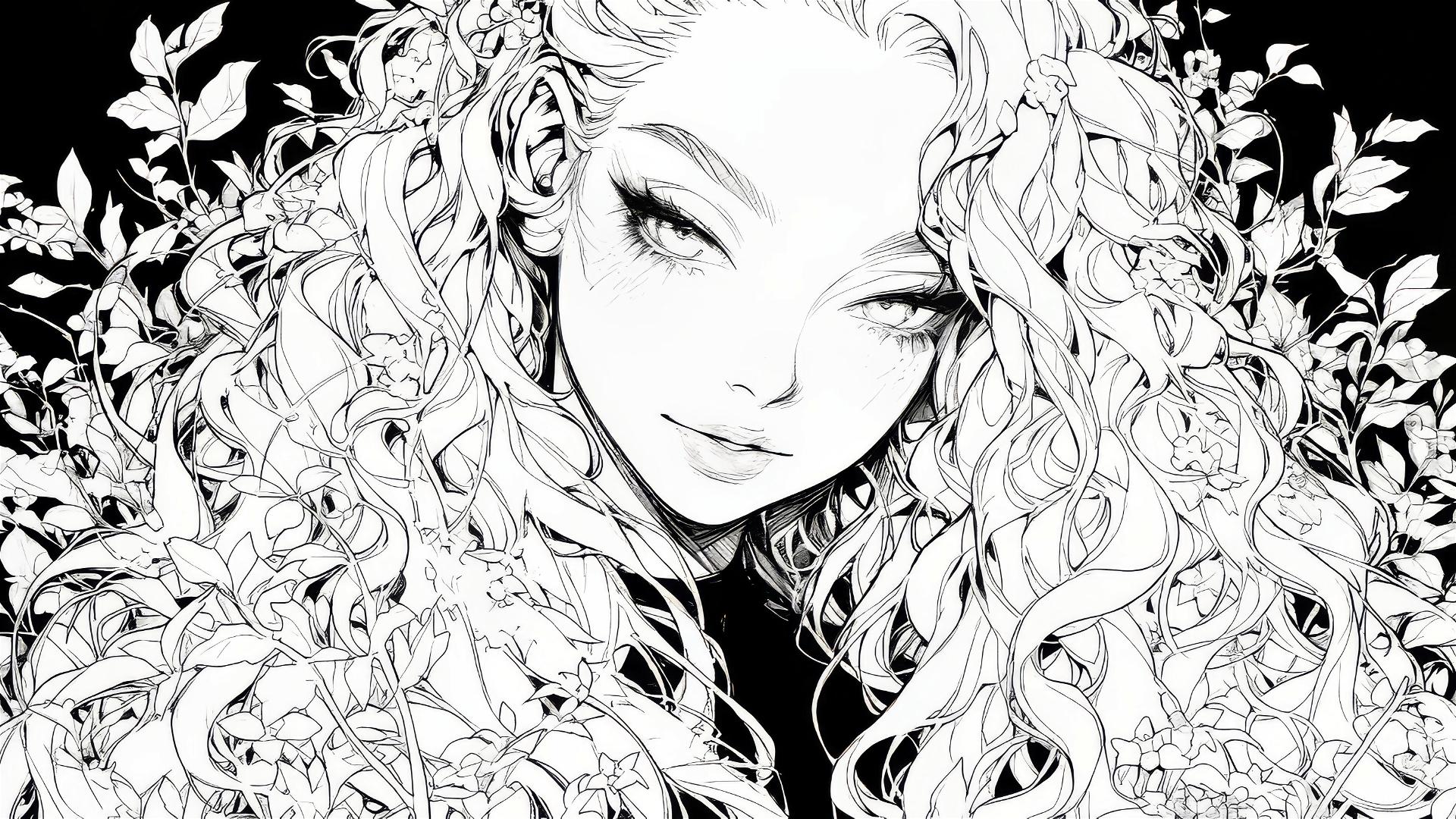 Black and white inked portrait of Poison Ivy for coloring.