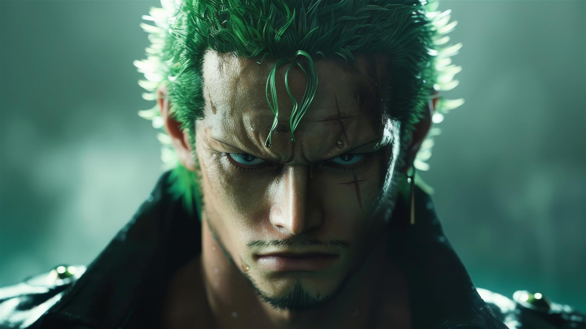 Super realistic depiction of lonely Zoro Roronoa from One Piece.