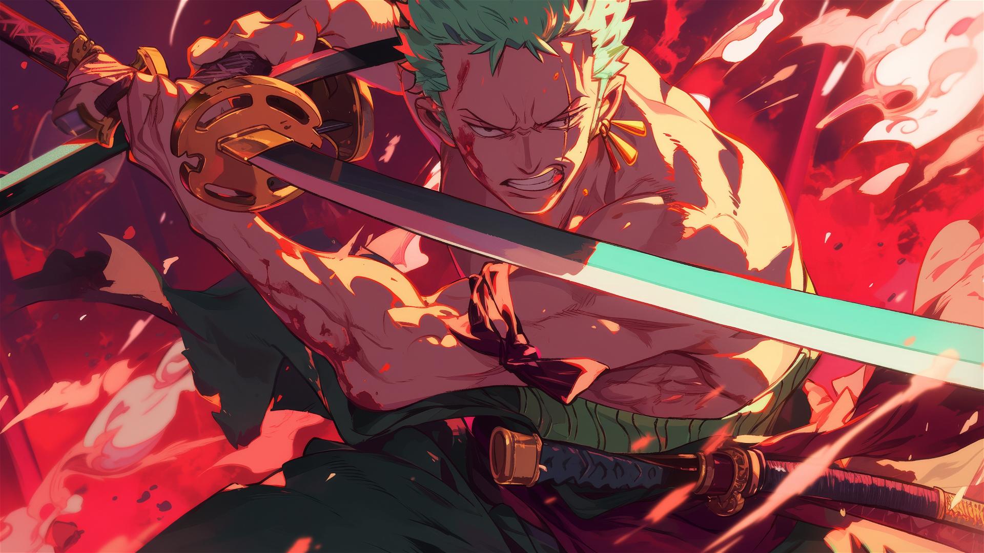 Zoro Roronoa clashing swords with an unseen foe, intense gaze.