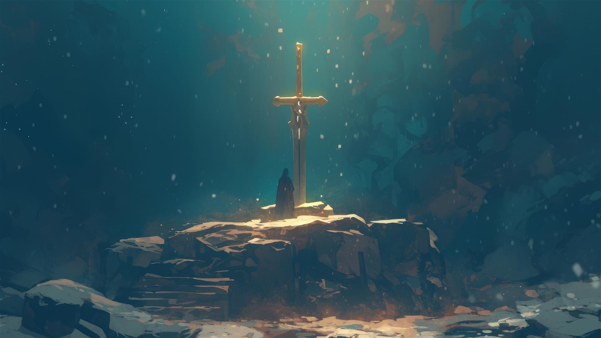 Double-edged sword on altar with glow and cinematic lighting