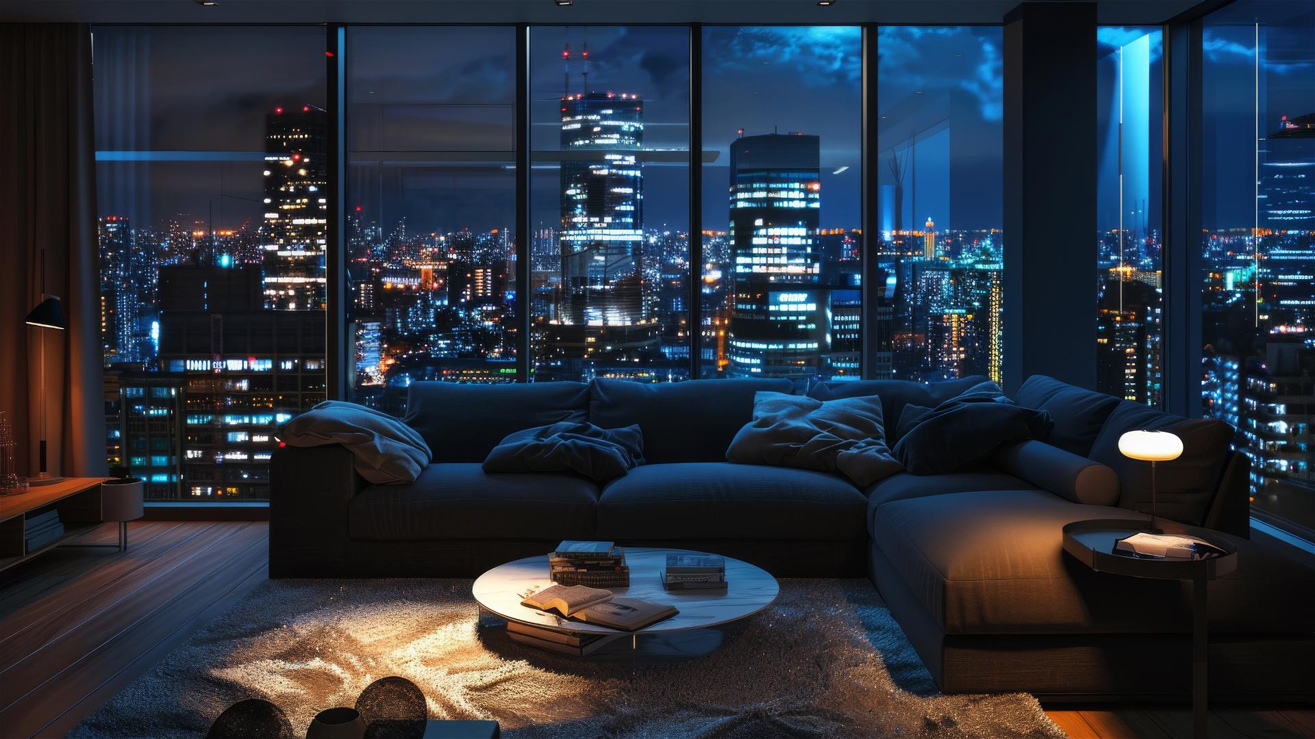 Cozy living room, dim lights, city view through window