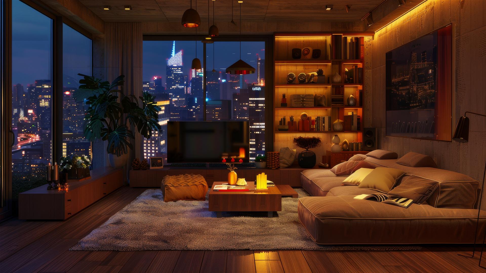 Cozy living room with dim lighting and cityscape view.