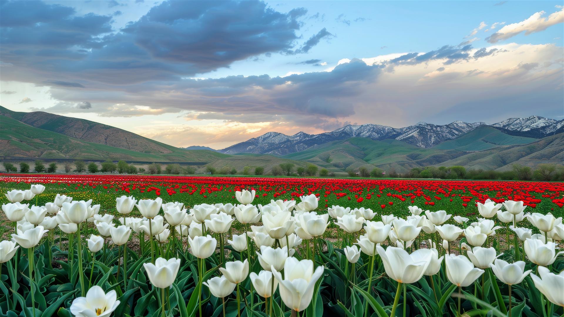 Sunset view of hills with tulips and idol-shaped mountains