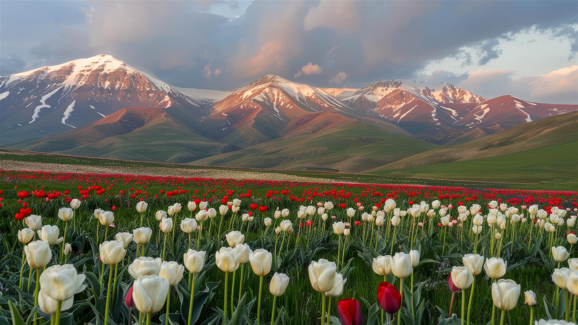 Sunset view of hills with white and red tulips, grass, and idol-shaped mountains.