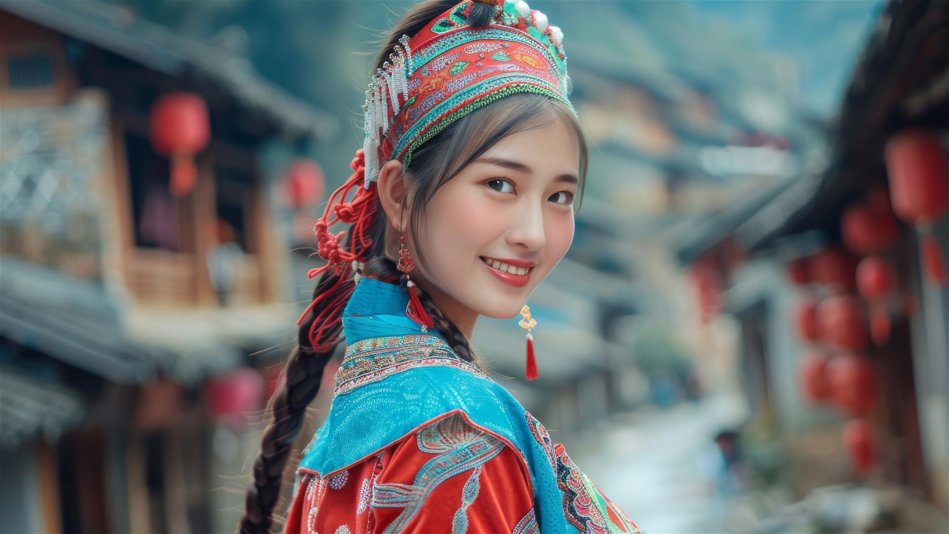 Ni Ni smiling in red and blue Zhuang attire, photographed by Chen Man in a small town.