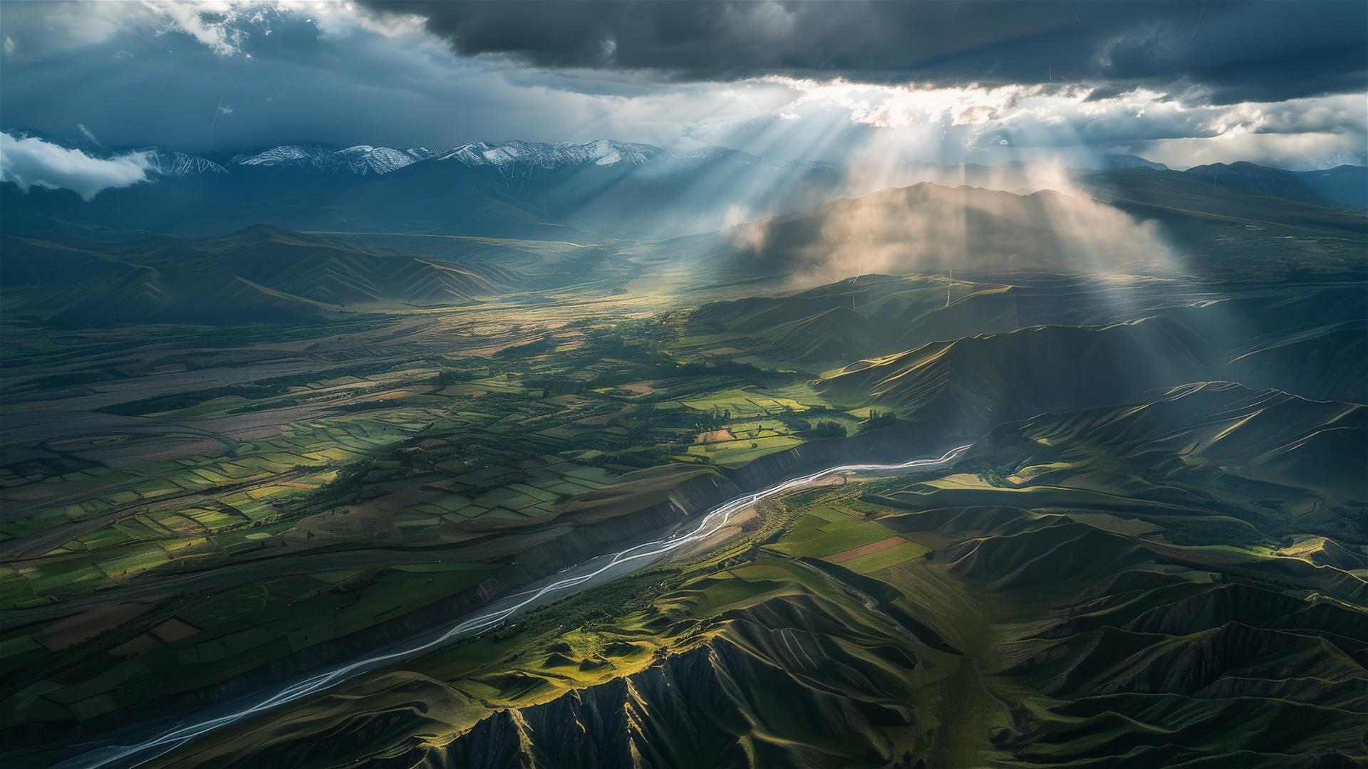 Aerial view of Tibetan highlands with dramatic light and shadows