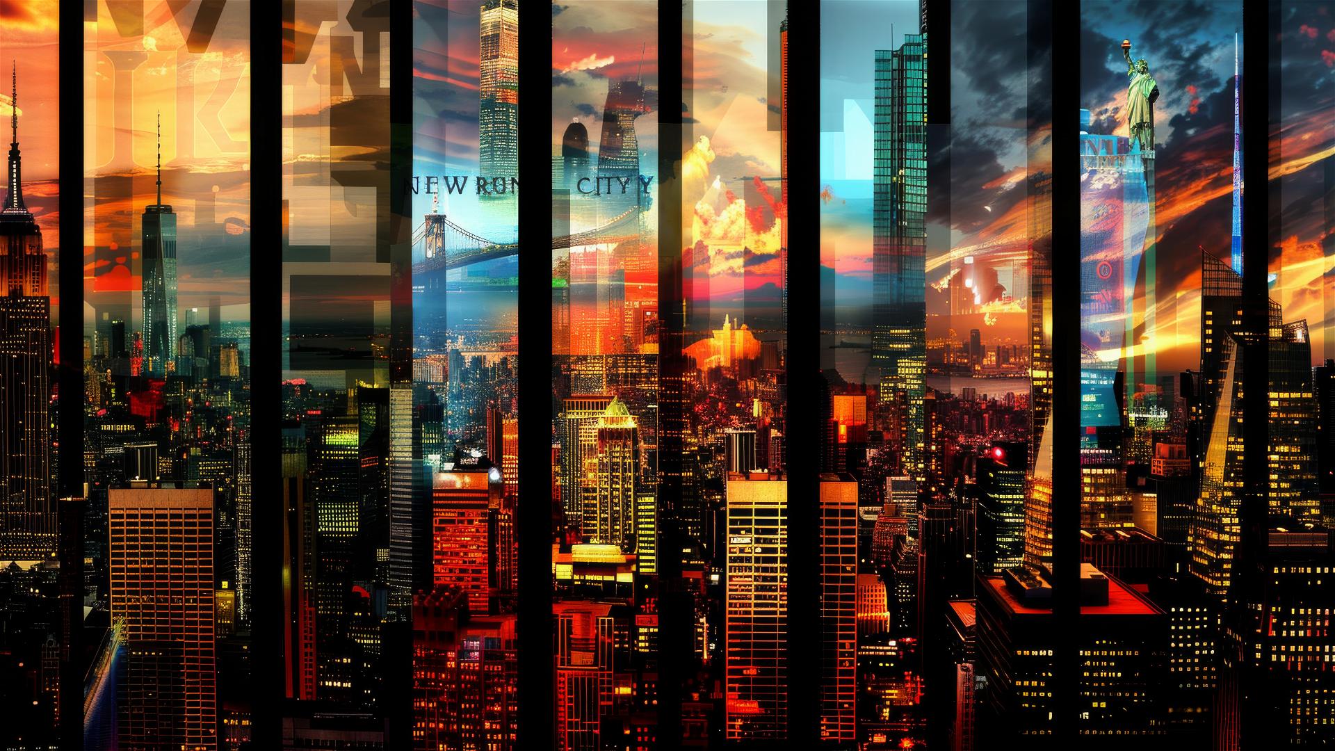 Collage of NYC landmarks within 'NEW YORK CITY' letters