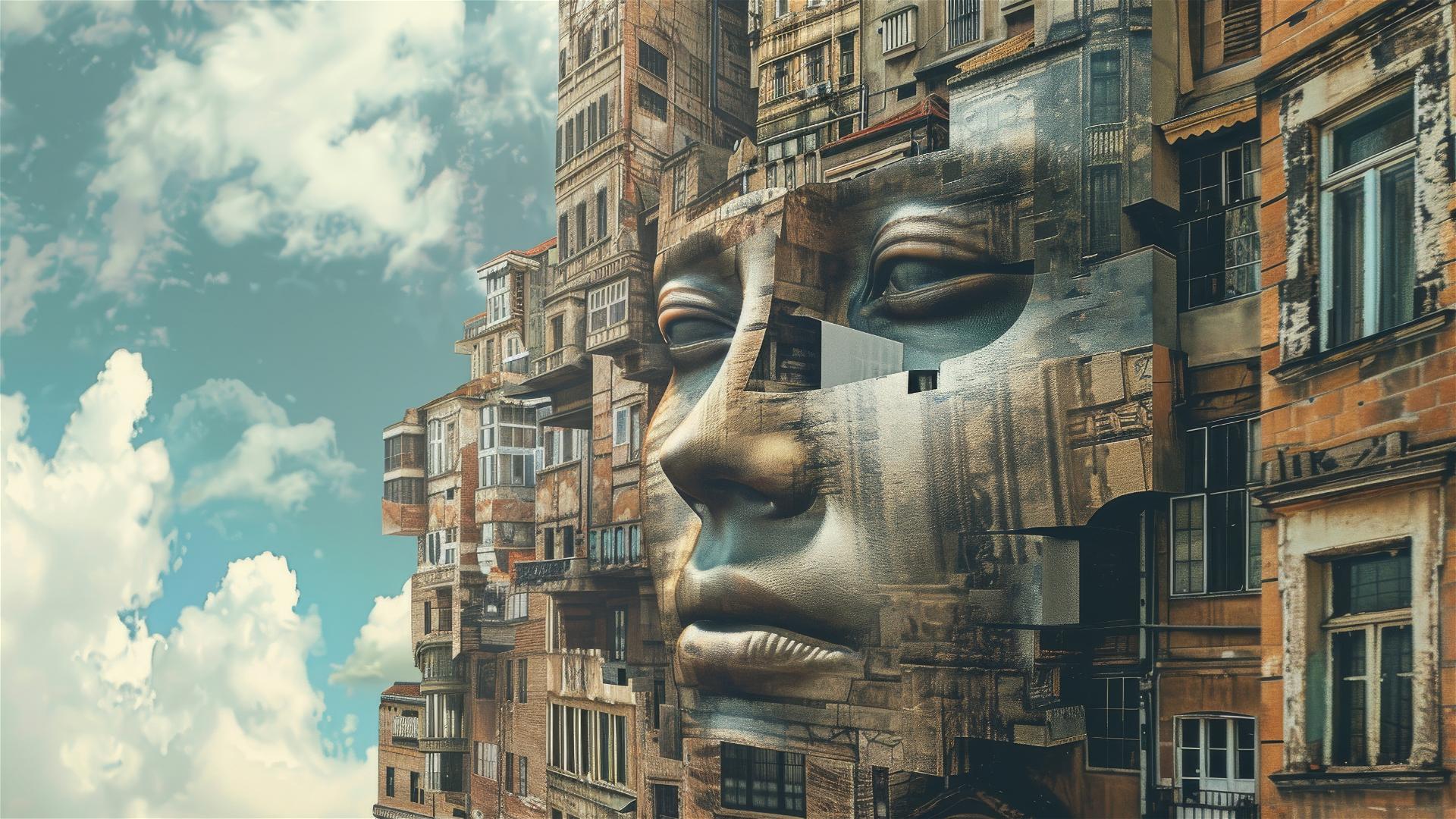 Vintage buildings forming an elegant human face with a creative expression.