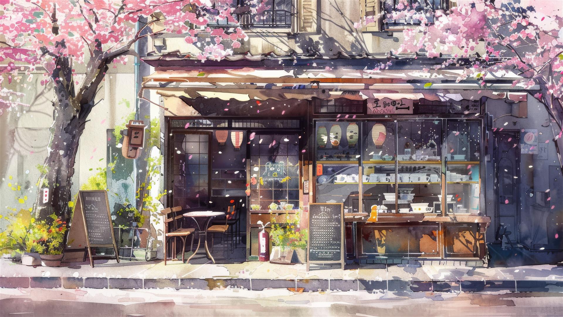Watercolor of a European coffee shop with cherry trees in bloom.