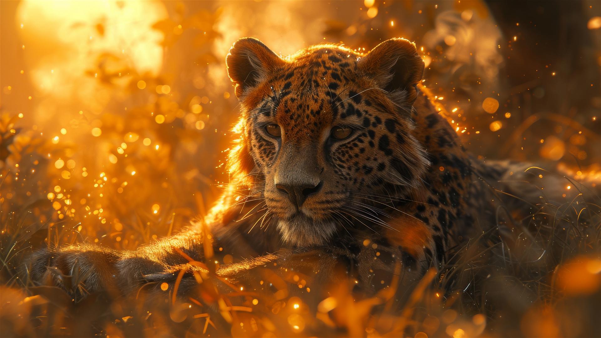 Cinematic view of a serpopard, backlit with a snake neck and leopard body.