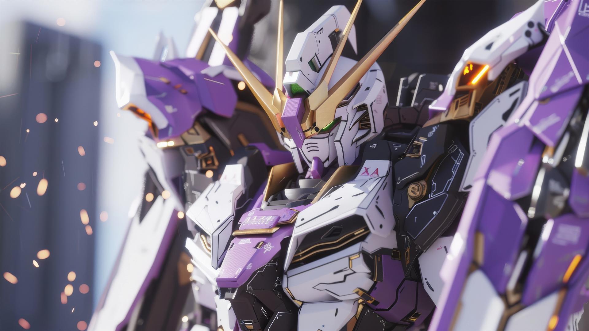 Ultra-detailed white and purple Wing Gundam, photorealistic rendering