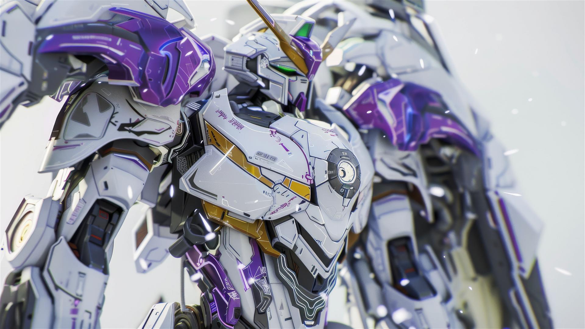 Close-up of white and purple Wing Gundam with intricate details in Unreal Engine.
