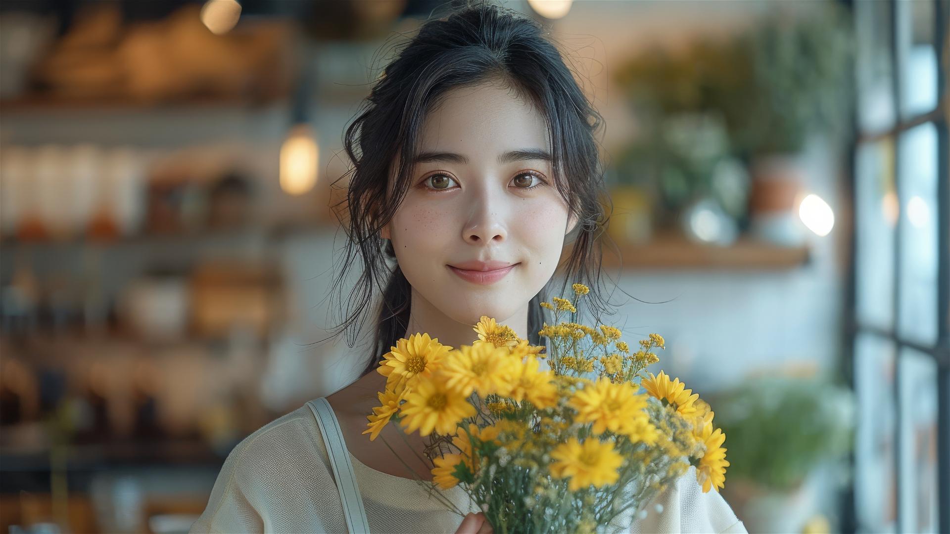 Joyful Asian woman with mimosa flowers in a minimalist room