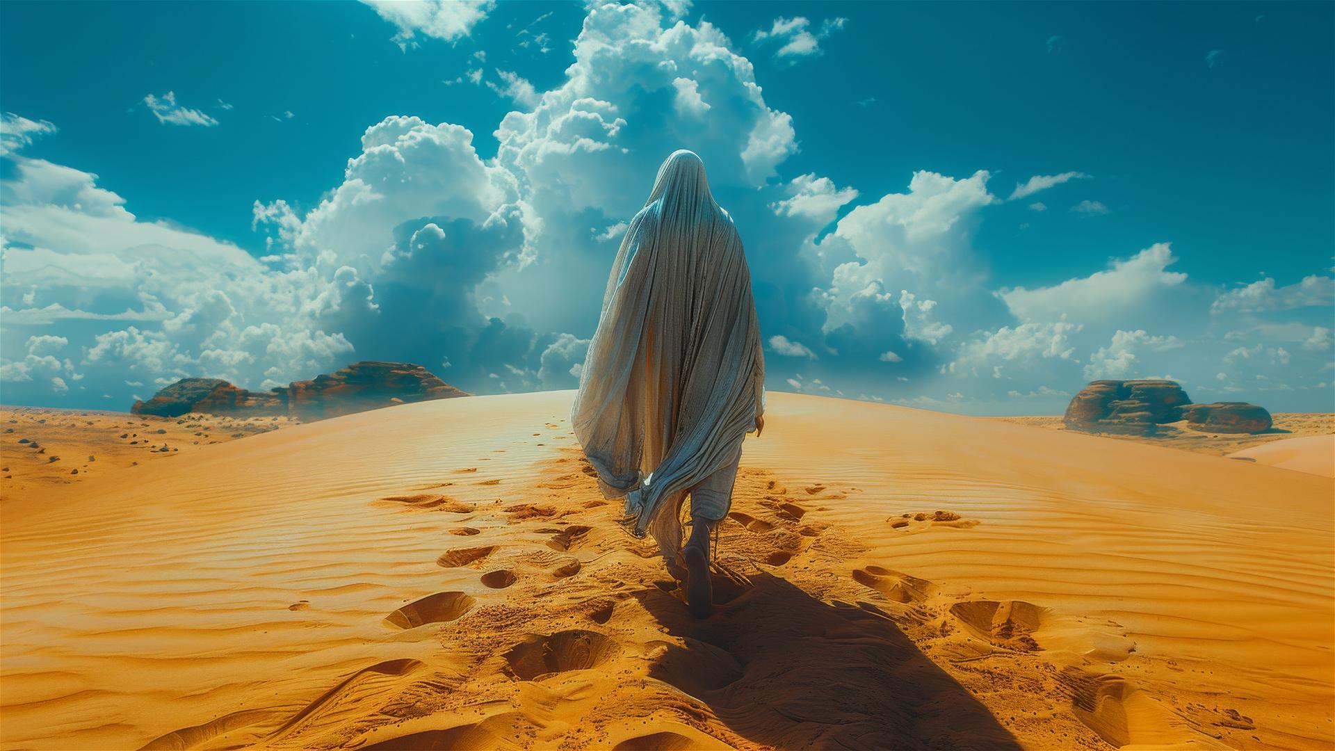 Solitary figure in white robe walking on sand dune in futuristic desert