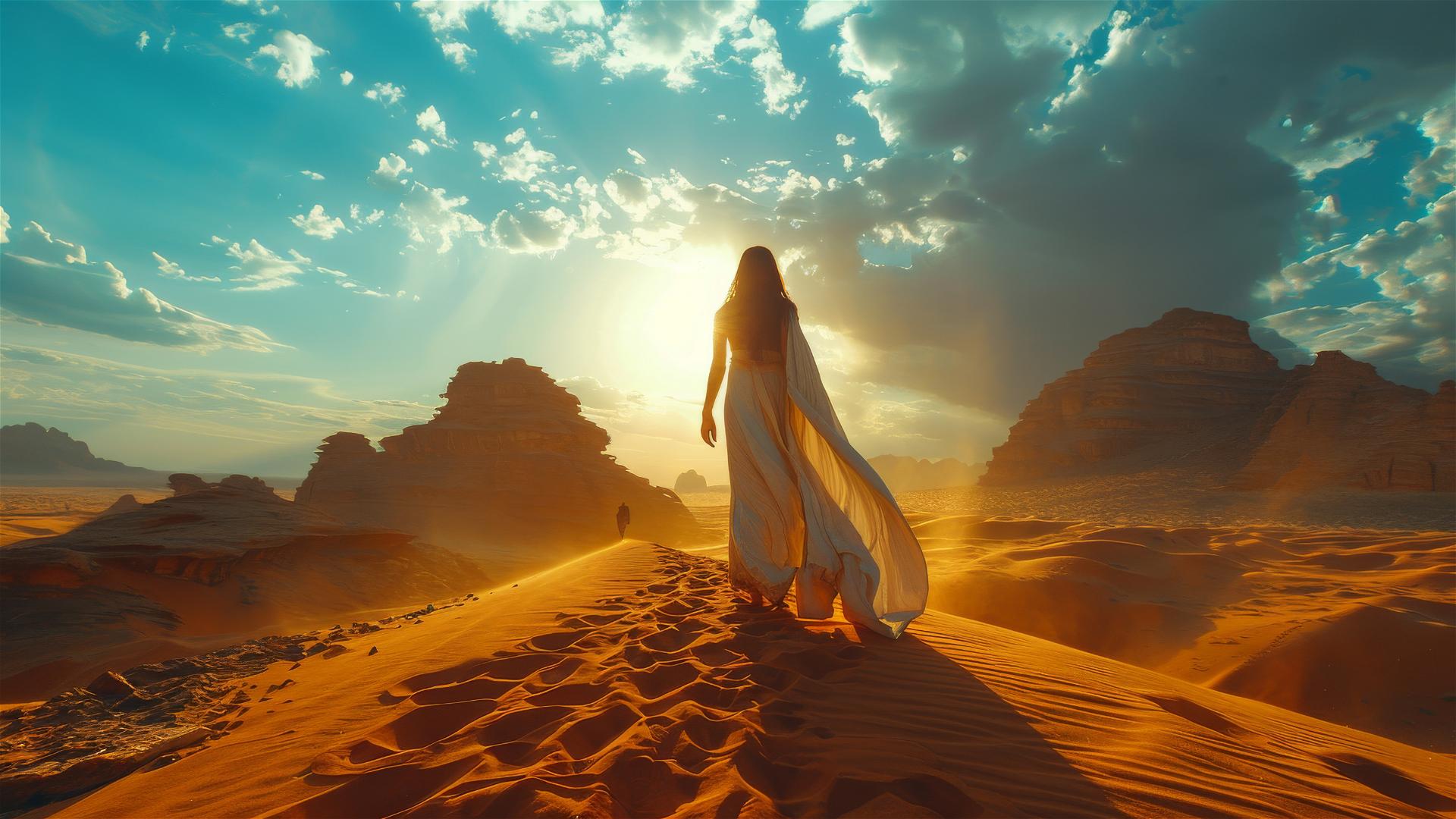Lonely figure in white robe walking in desert towards horizon.