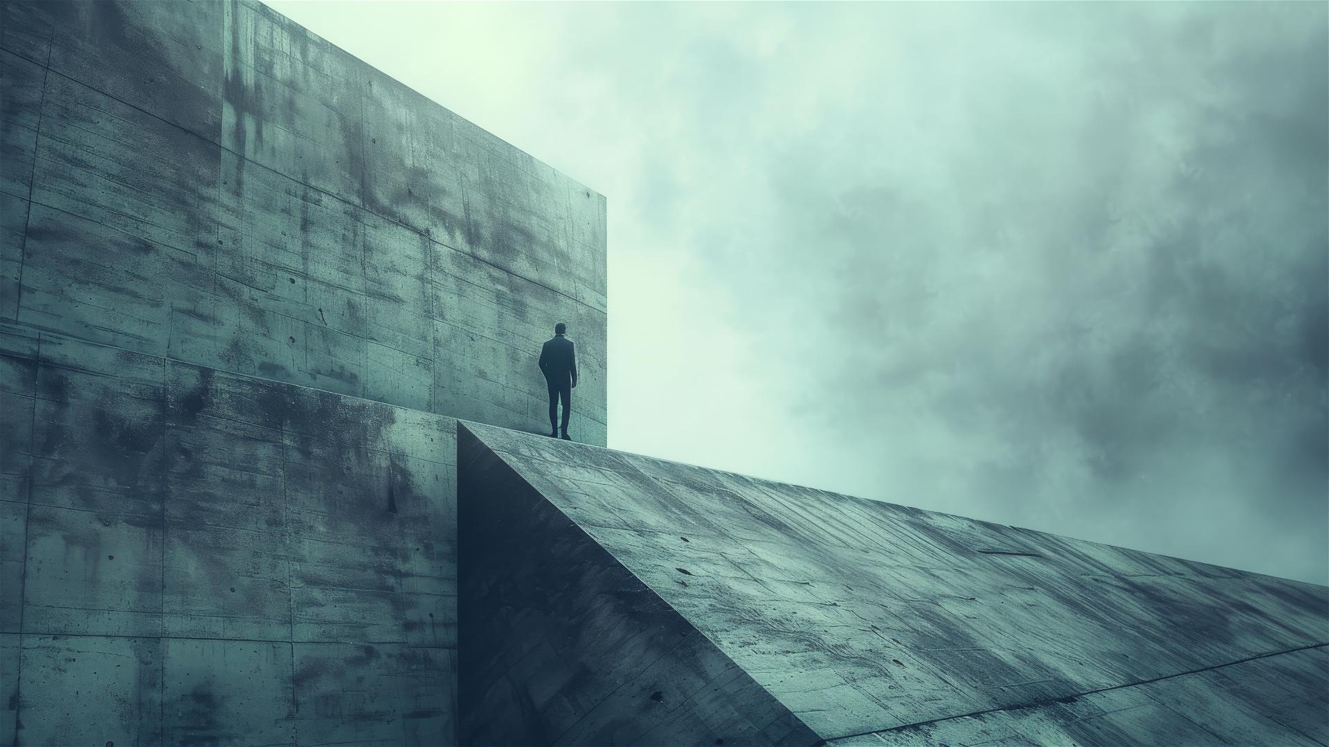 Vast brutalist concrete wall with a tiny man, dramatic lighting, and mist.