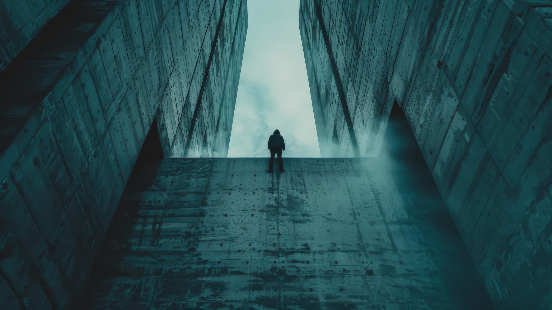 Vast brutalist wall dwarfs man, with dramatic lighting and mist.