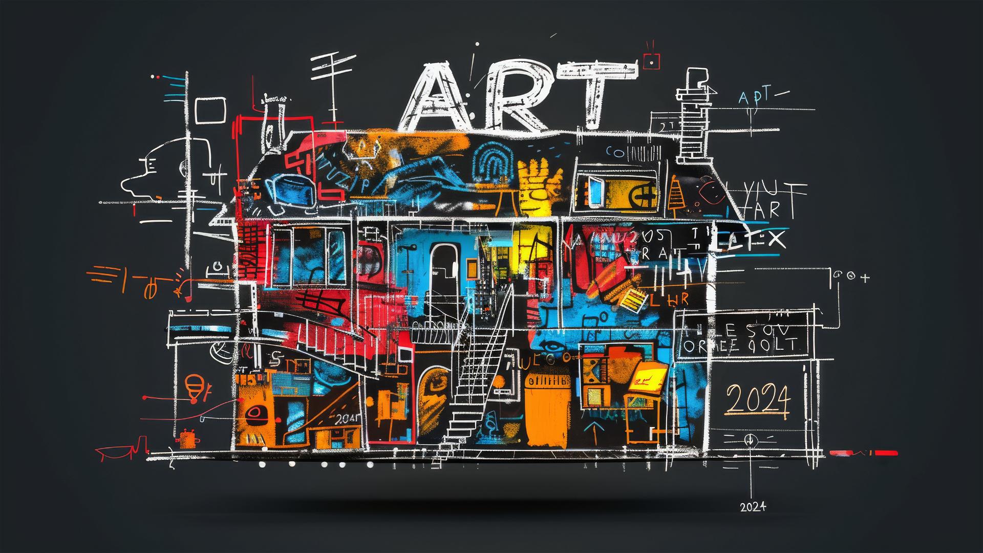Minimalist mansion poster in Basquiat style with 'ART' and '2024' on black