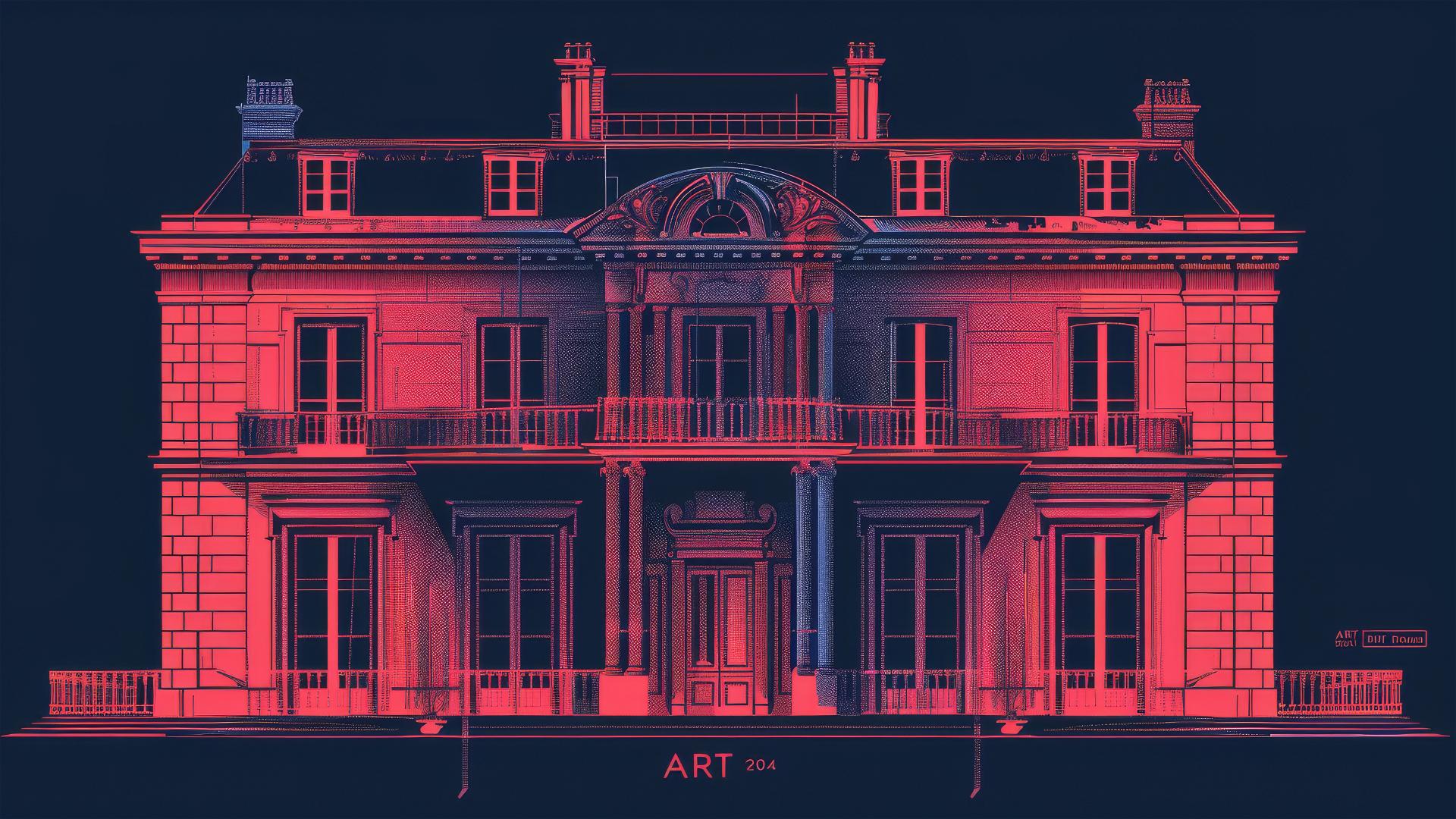Minimalist mansion poster in Basquiat style with 'ART' and '2024'