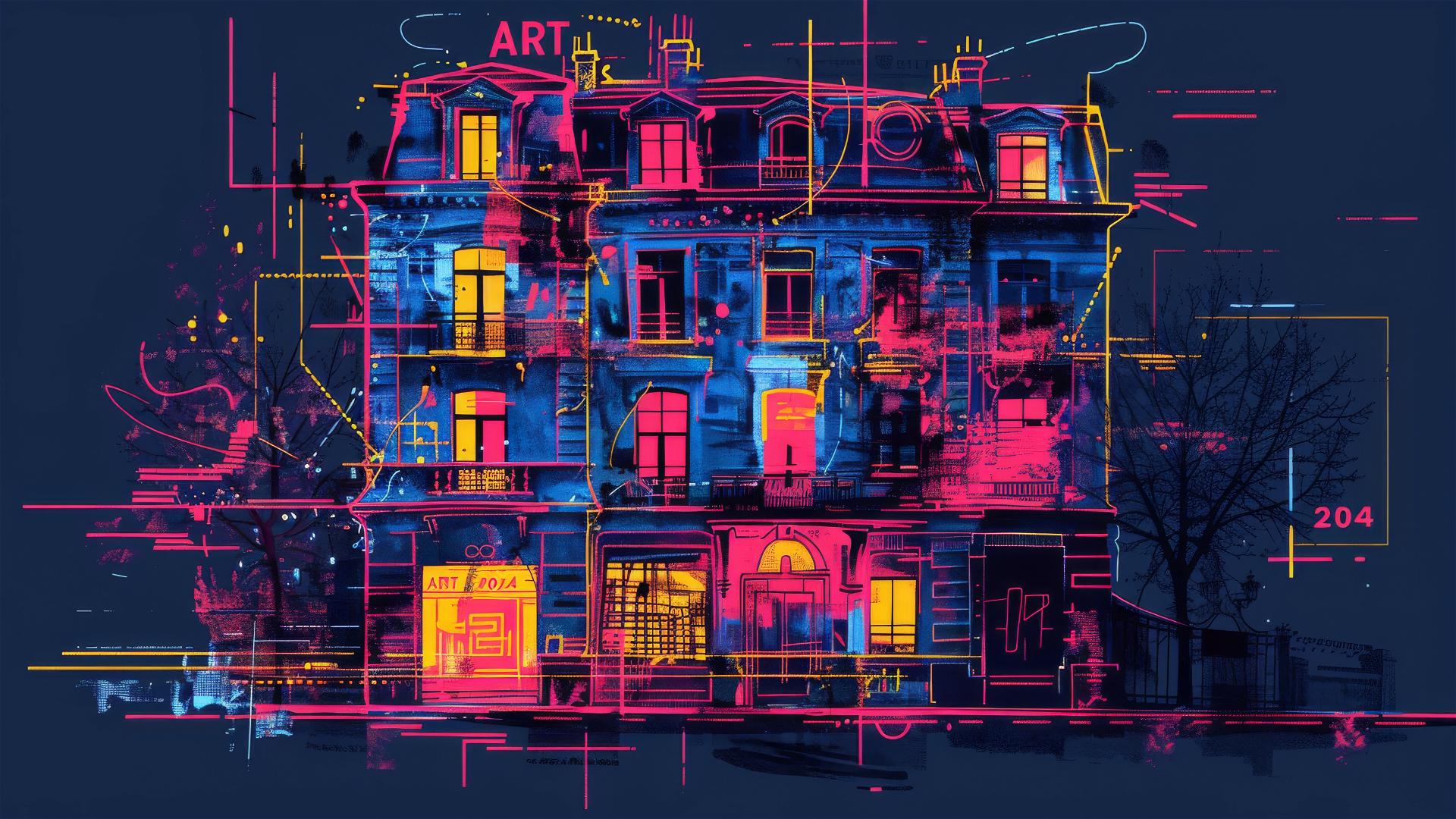 Minimalist mansion poster in Basquiat style with 'ART' and '2024'.
