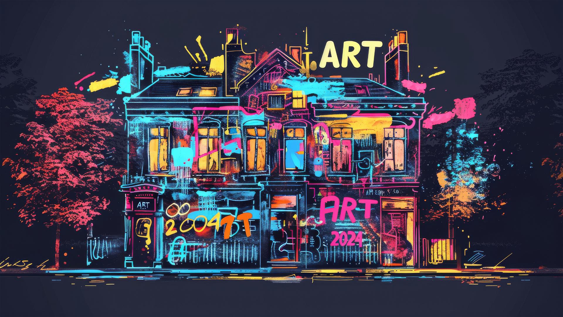Minimalist mansion poster in Basquiat style with 'ART' and '2024' on black.