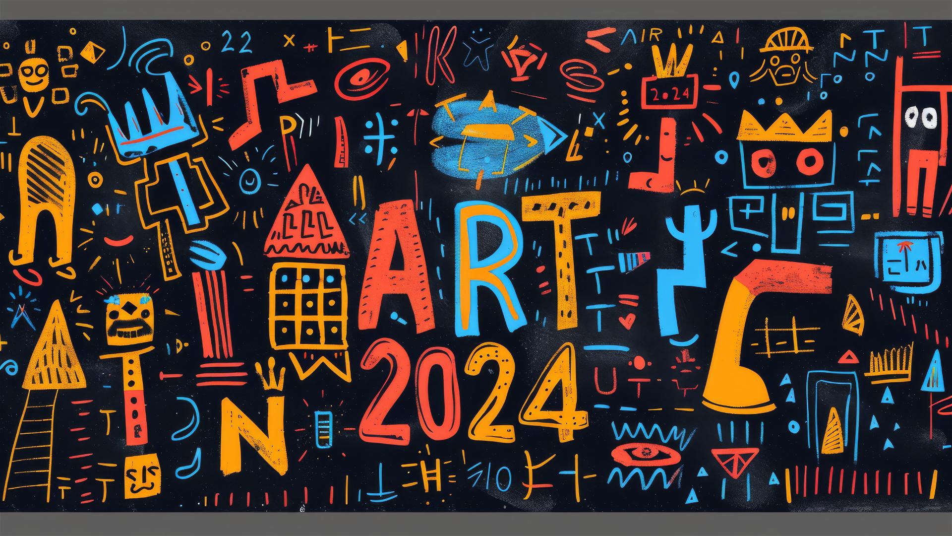 Minimalist mansion poster in Basquiat style with 'ART' and '2024' texts.