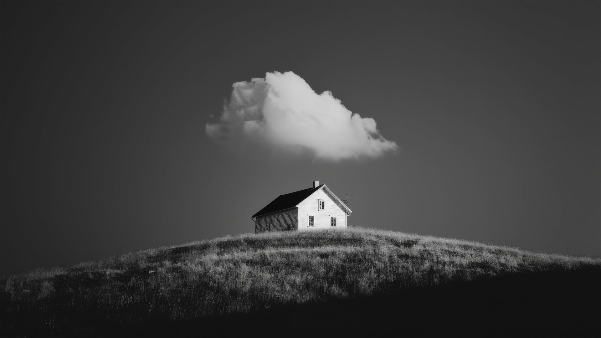 White house on grassy hill, black sky, single white cloud above.