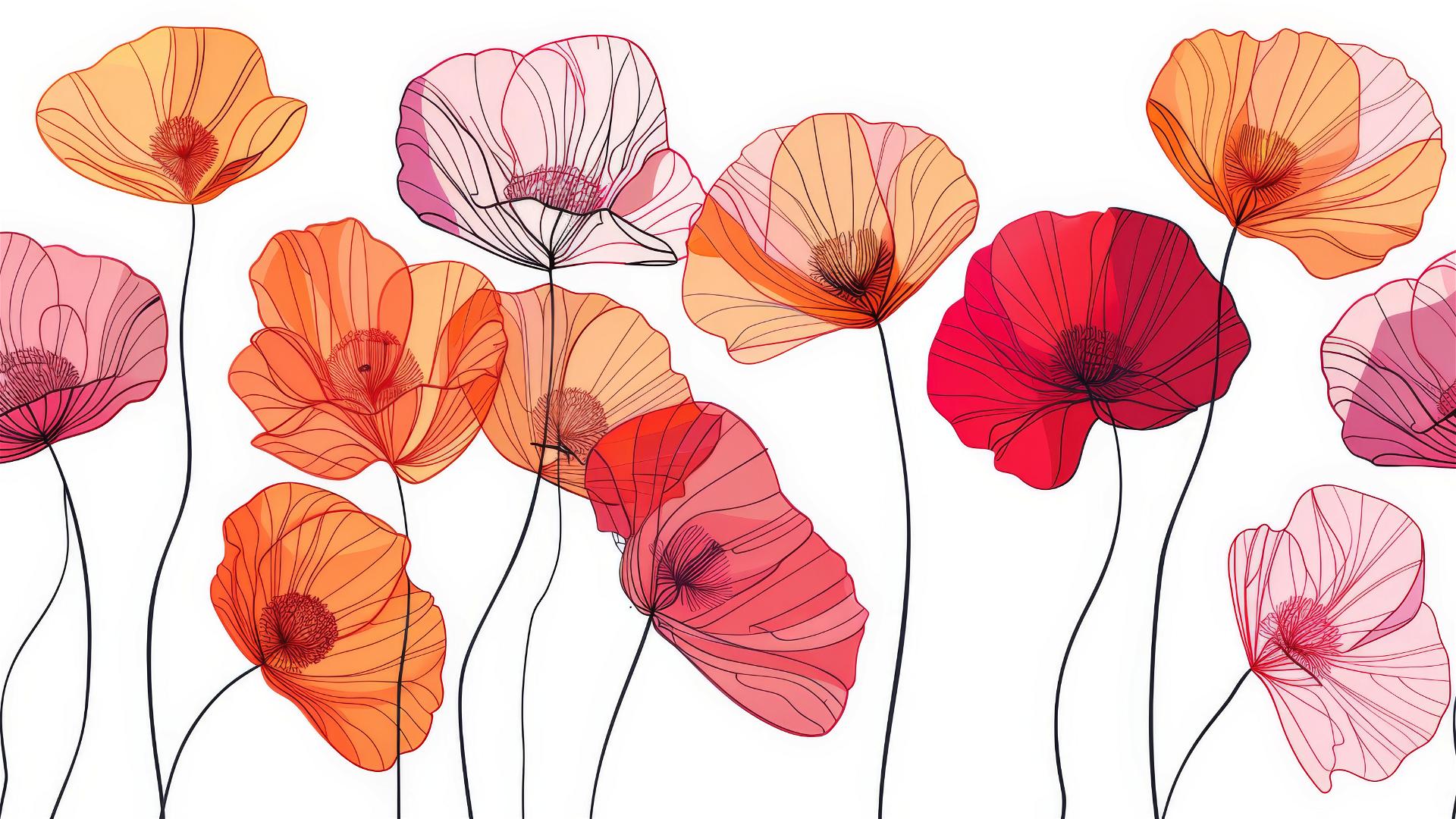 Minimalist poppy flowers in red, orange, pink, white background