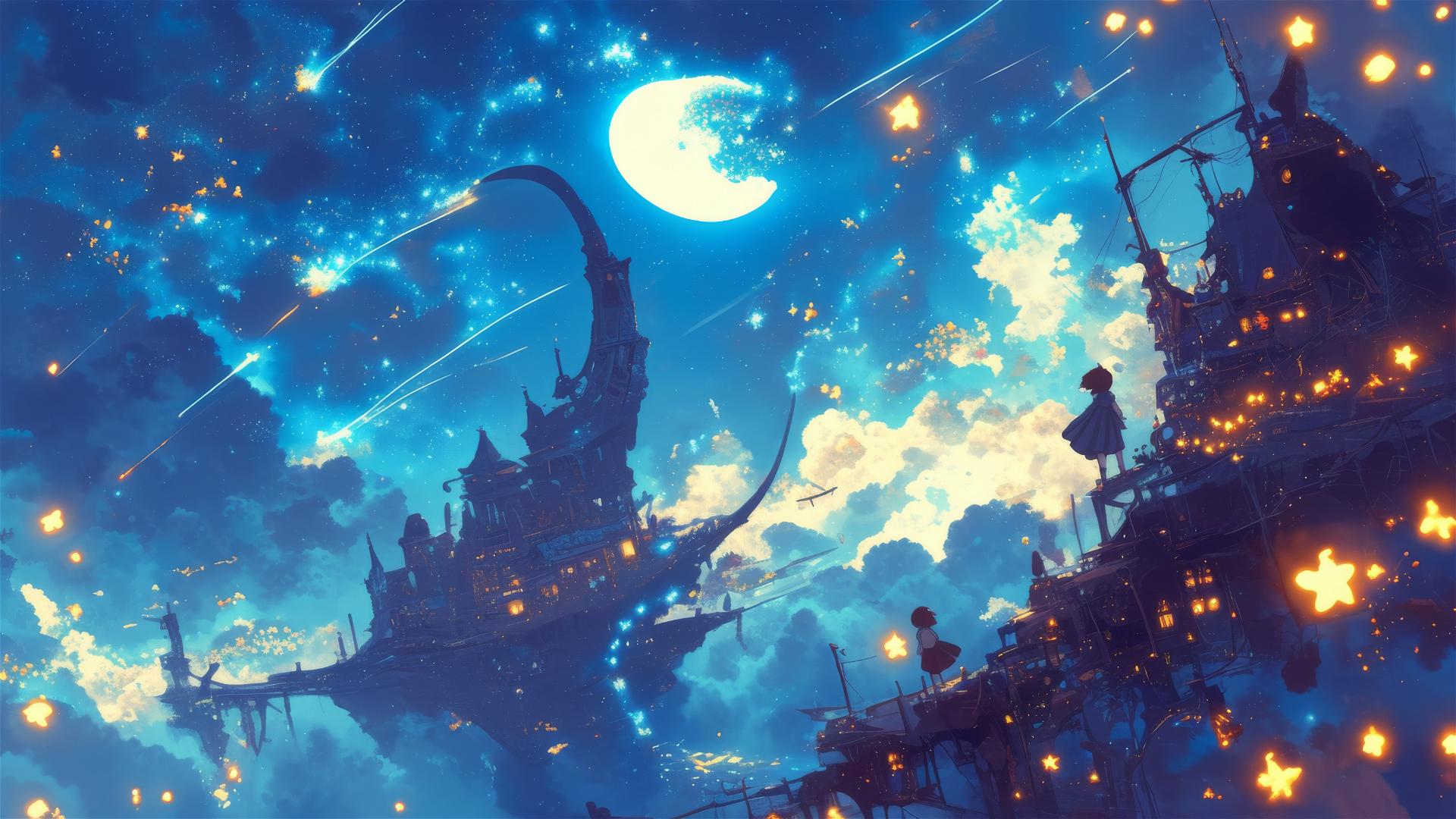 Studio Ghibli-inspired night sky with shooting stars and flying machines.