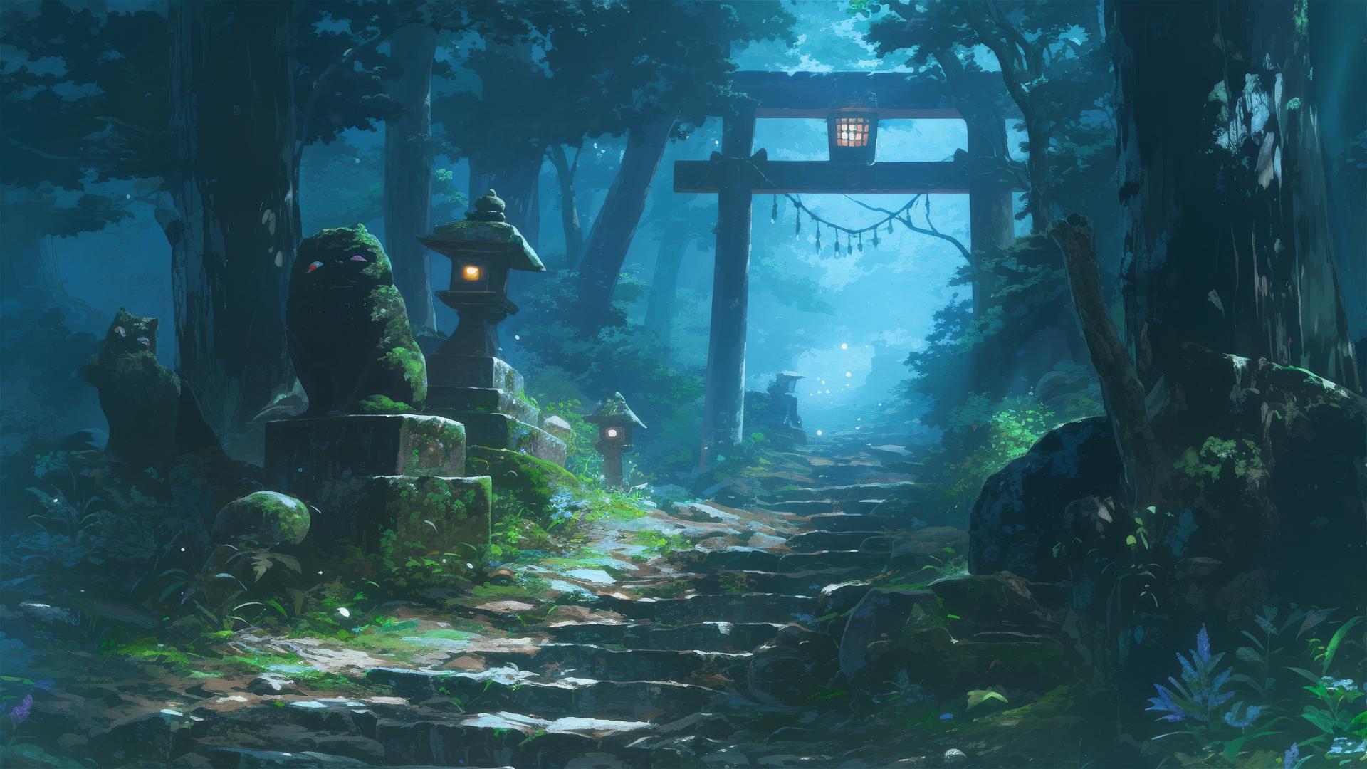 Foggy forest path with Ghibli-style spirits in shadows.