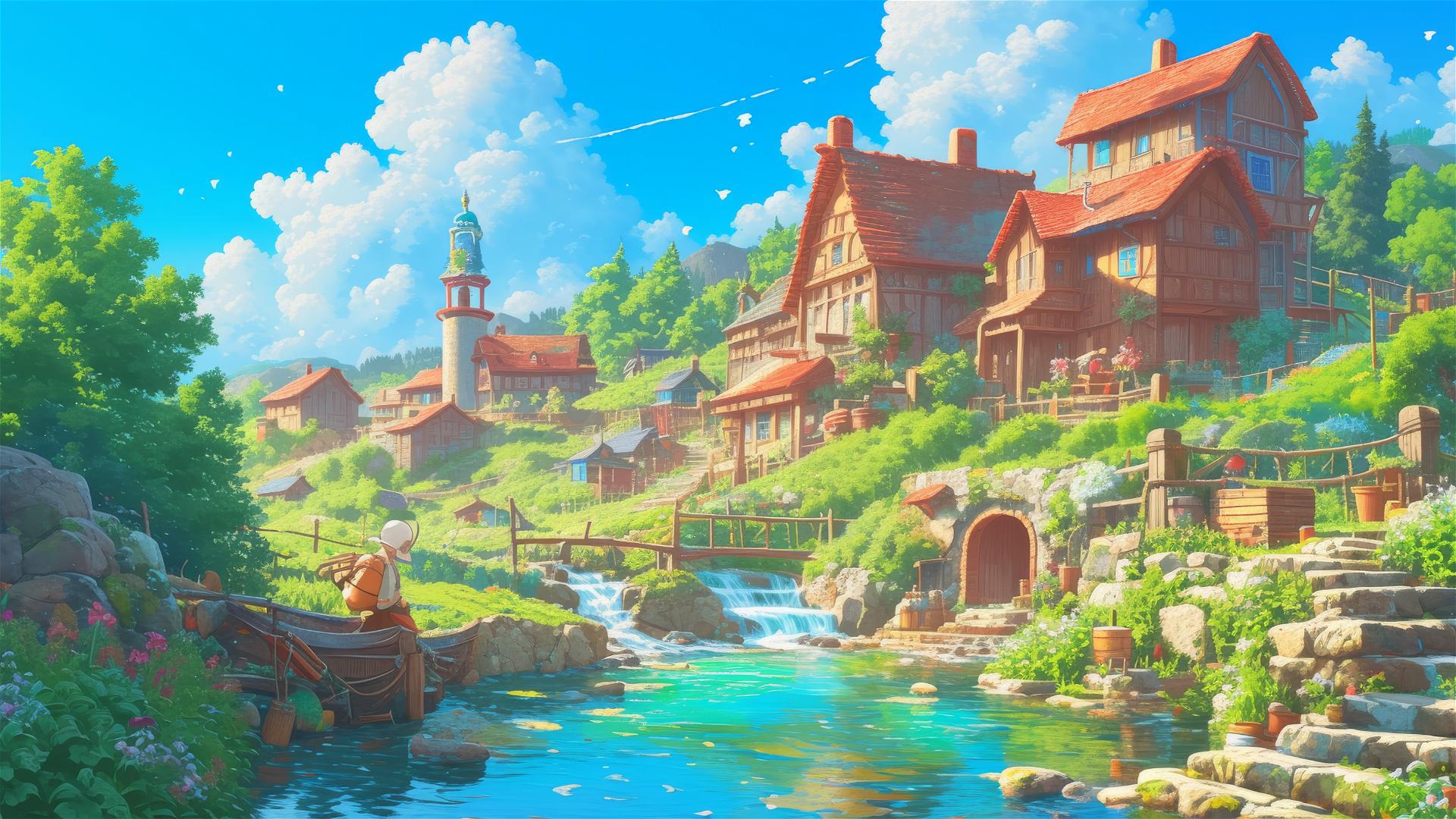 Ghibli-style serene village with vibrant colors and whimsical details.