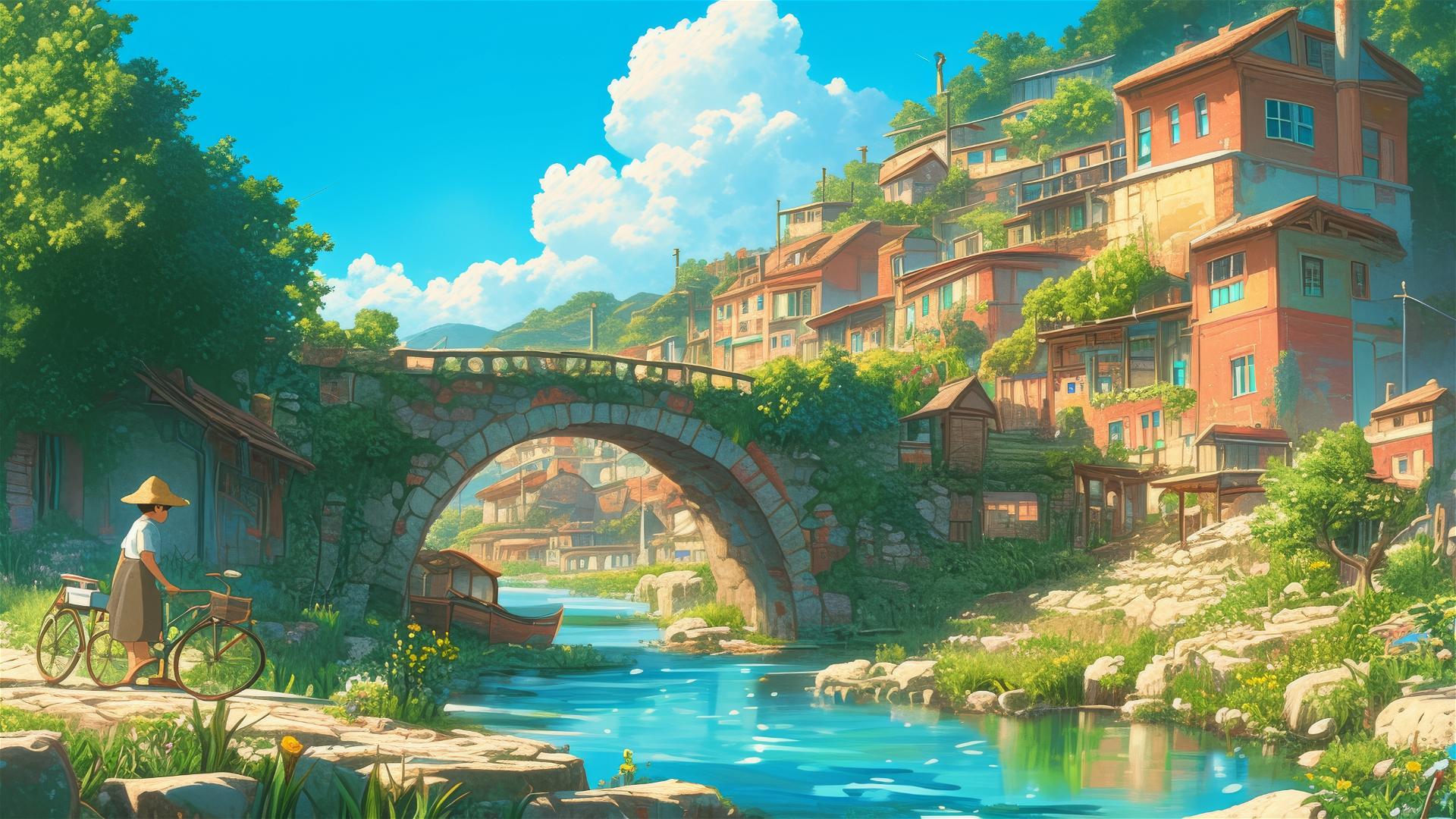 Ghibli-style village with vibrant colors and whimsical details.