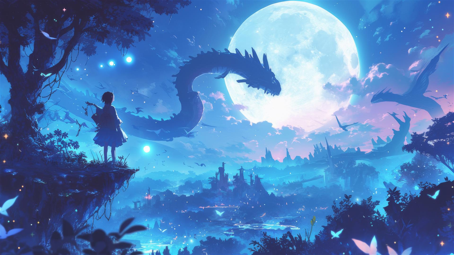 Ghibli-style nightscape with glowing moon and magical forest creatures.