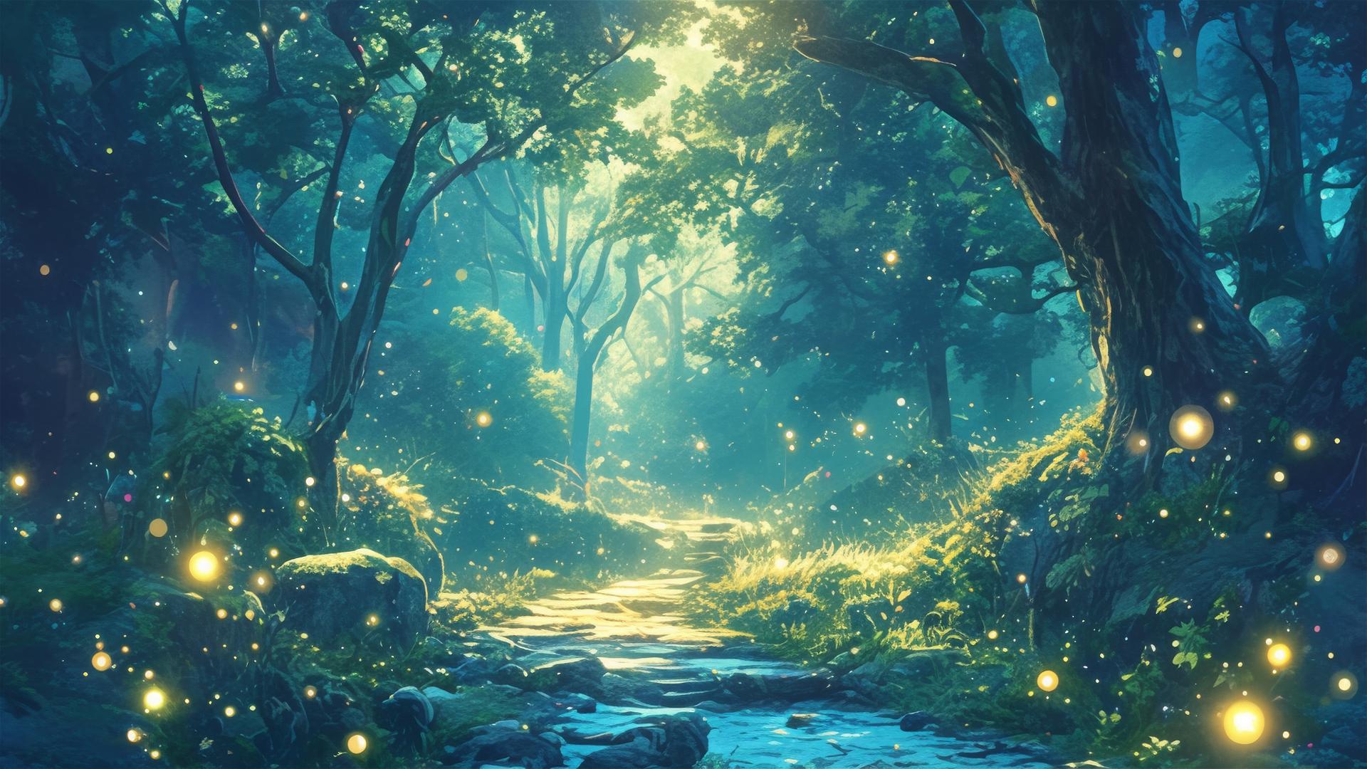 Ghibli-style enchanted forest path with fireflies