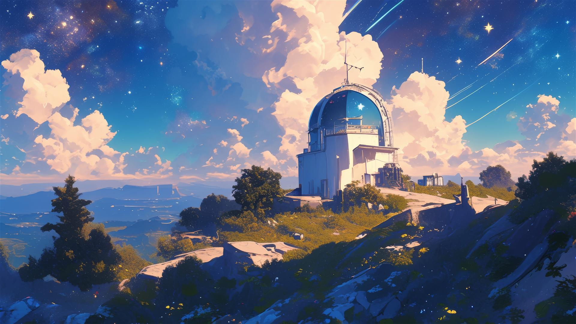 Ghibli-style observatory on a hill with galaxy view and magical constellations.
