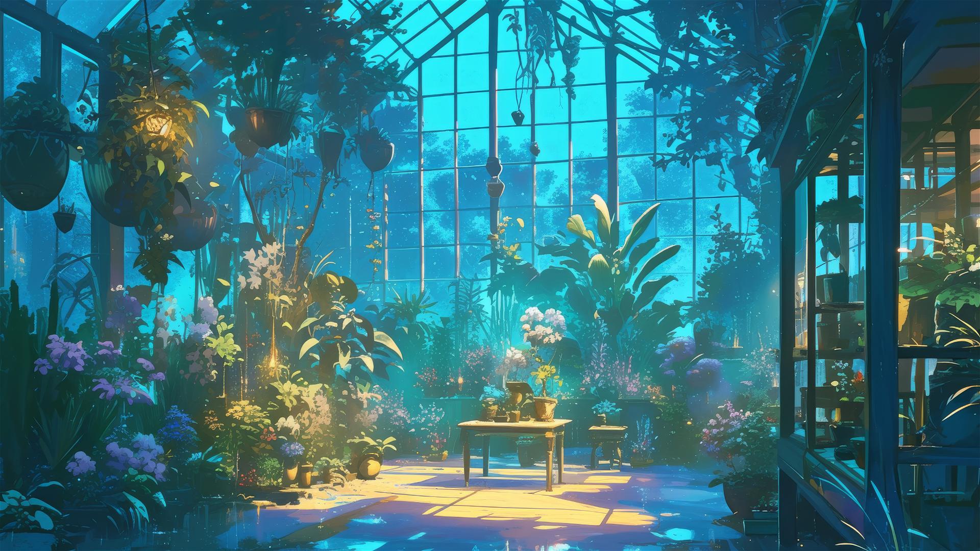 Ghibli-inspired greenhouse with glowing magical plants at twilight.