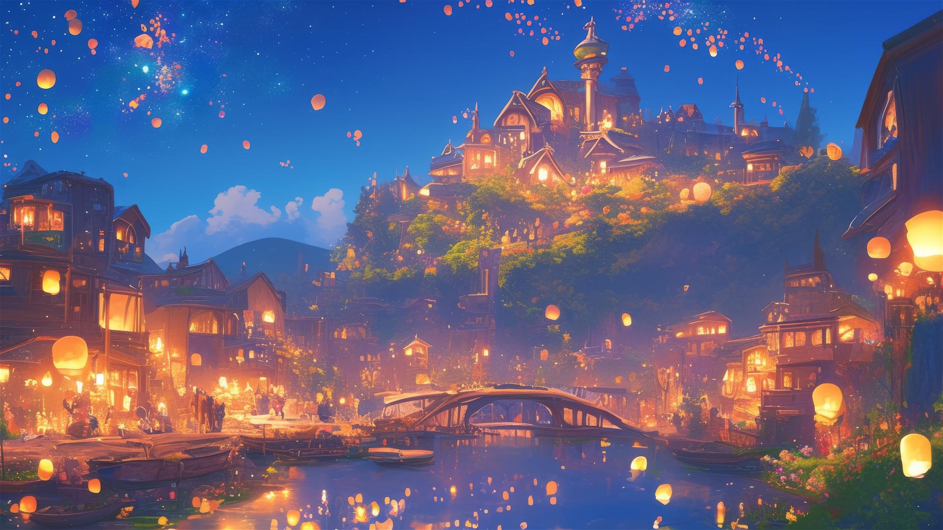 Anime Ghibli town with floating lanterns and joyful faces at night.
