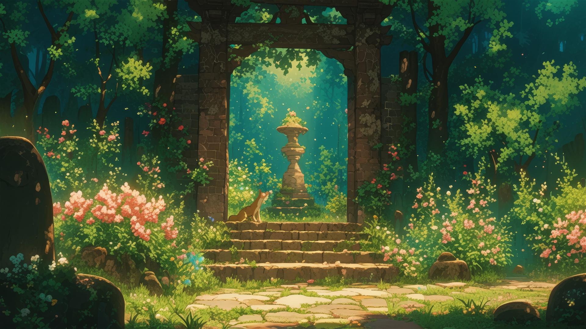 Anime garden in Ghibli style with frolicking nature spirits.