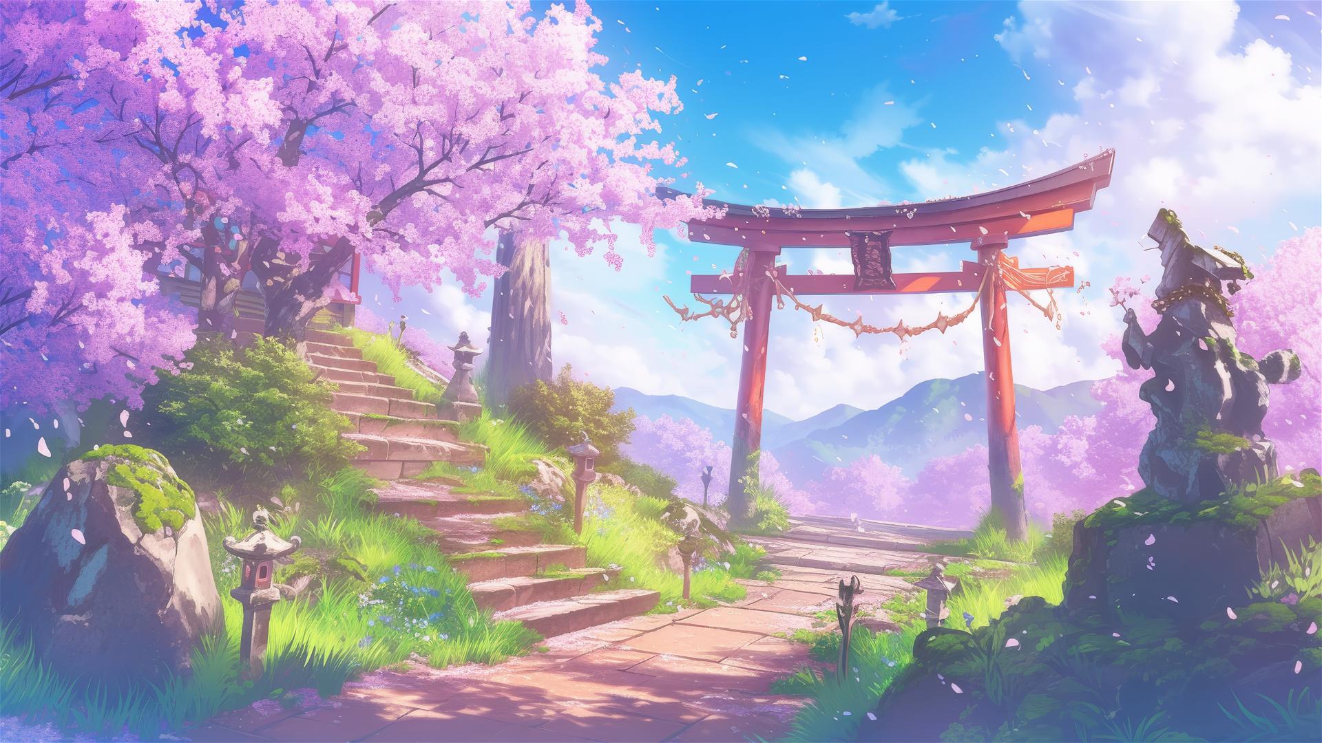 Ghibli-style shrine in cherry blossom forest with spirits and humans