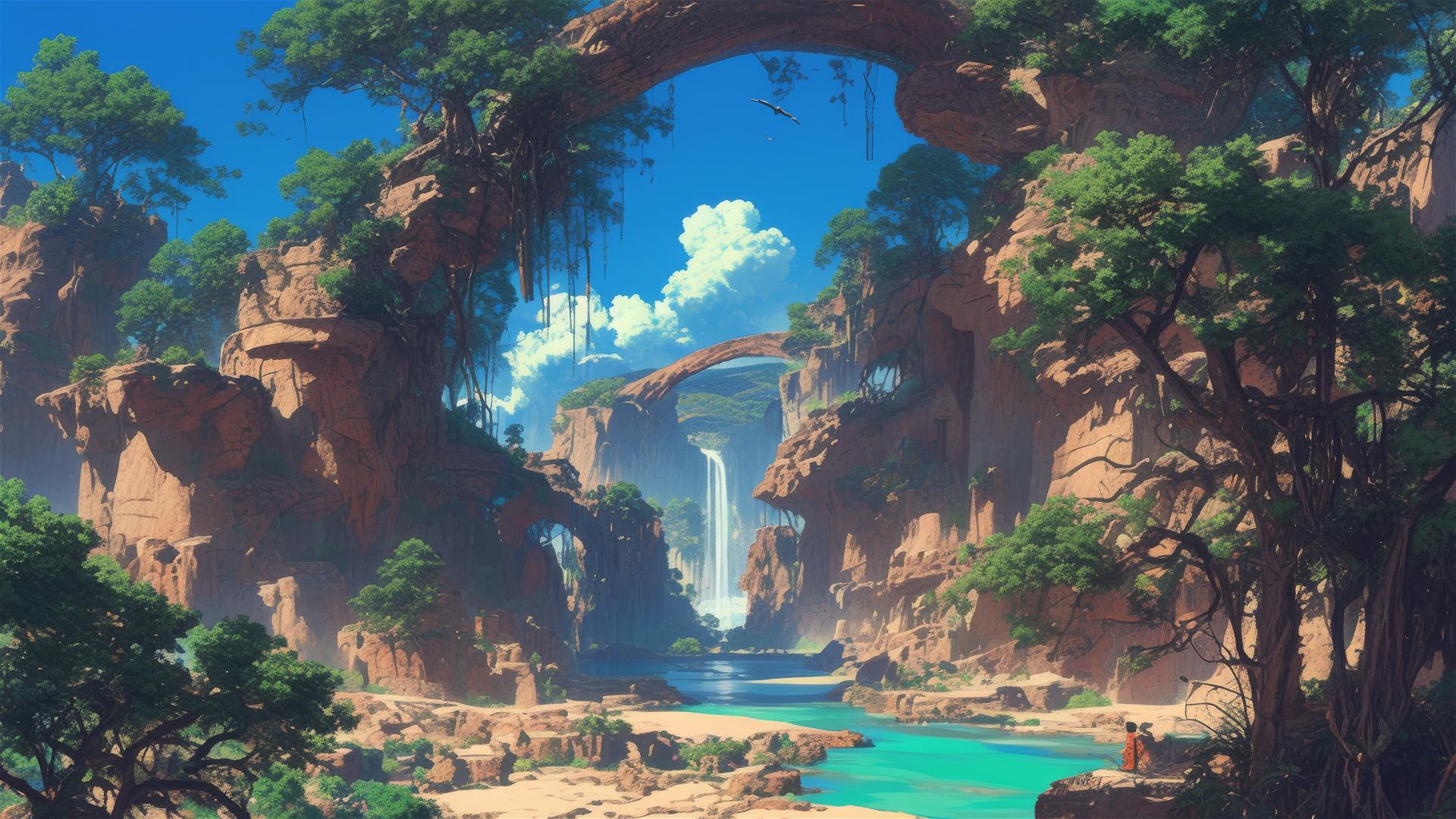 Anime desert oasis in Ghibli style with waterfalls and lush vegetation.