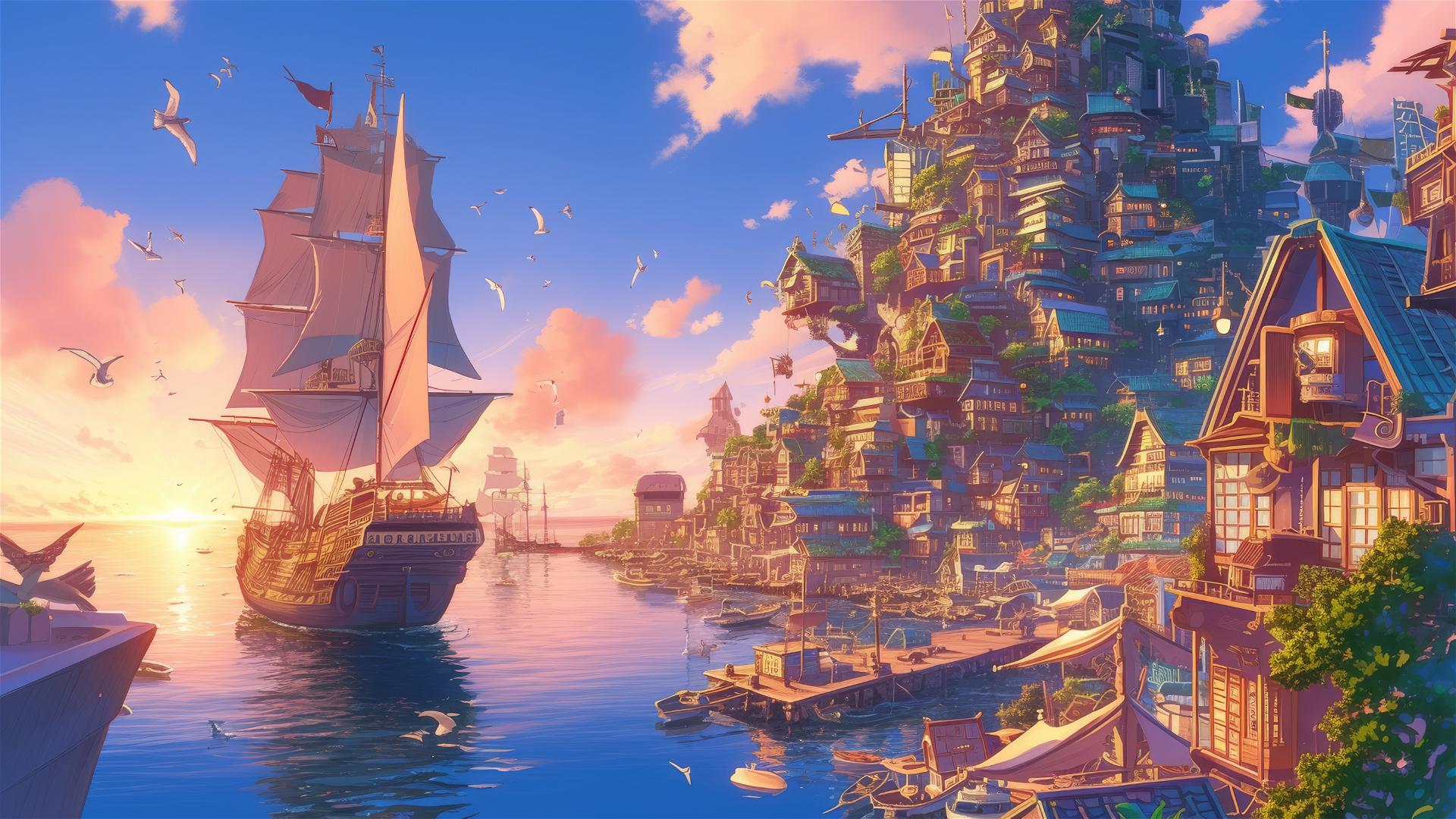 Anime harbor at sunset, ships, mythical beasts, Ghibli style.