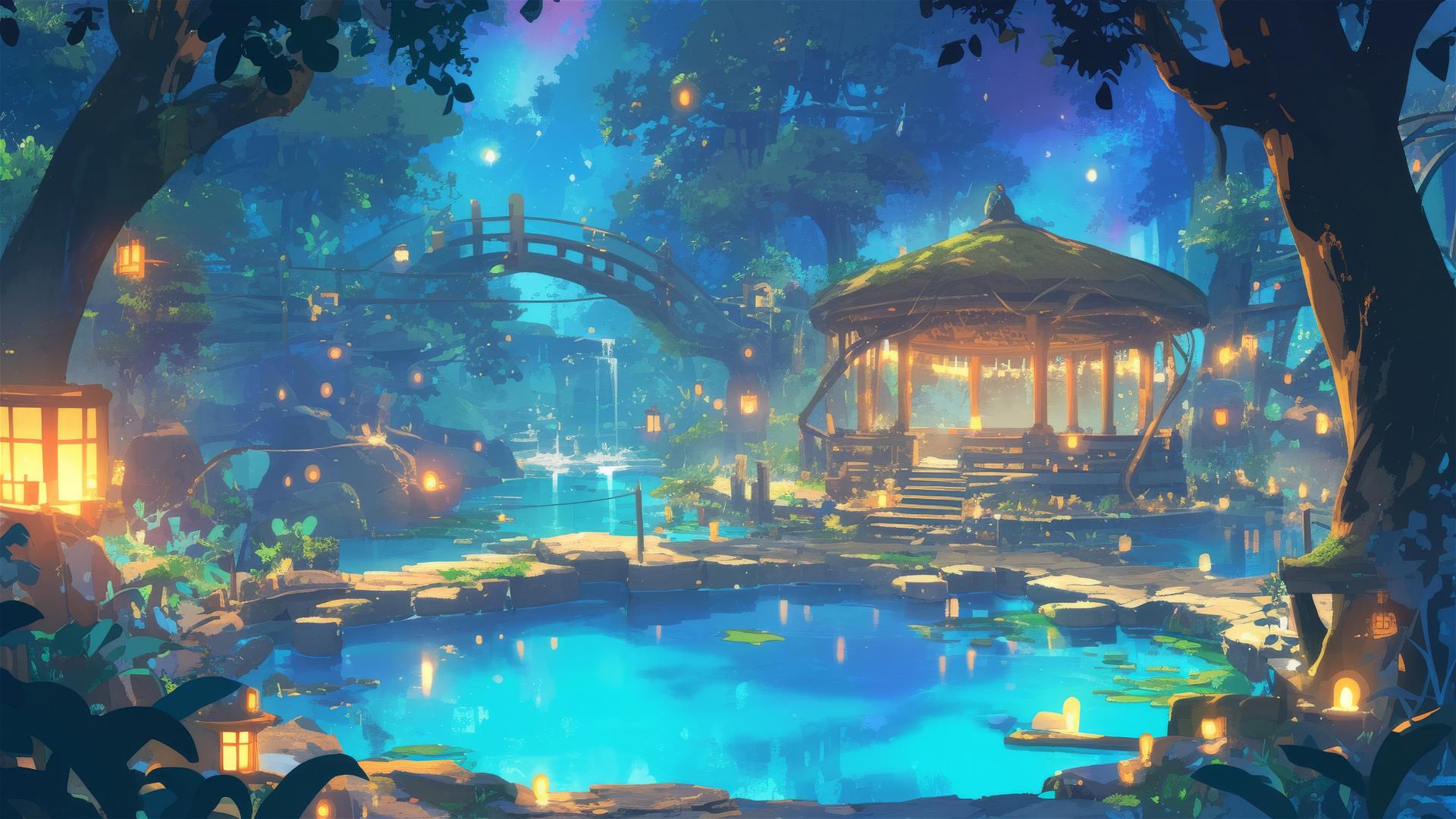 Anime Ghibli-style hot spring in forest with spirits and glowing plants.