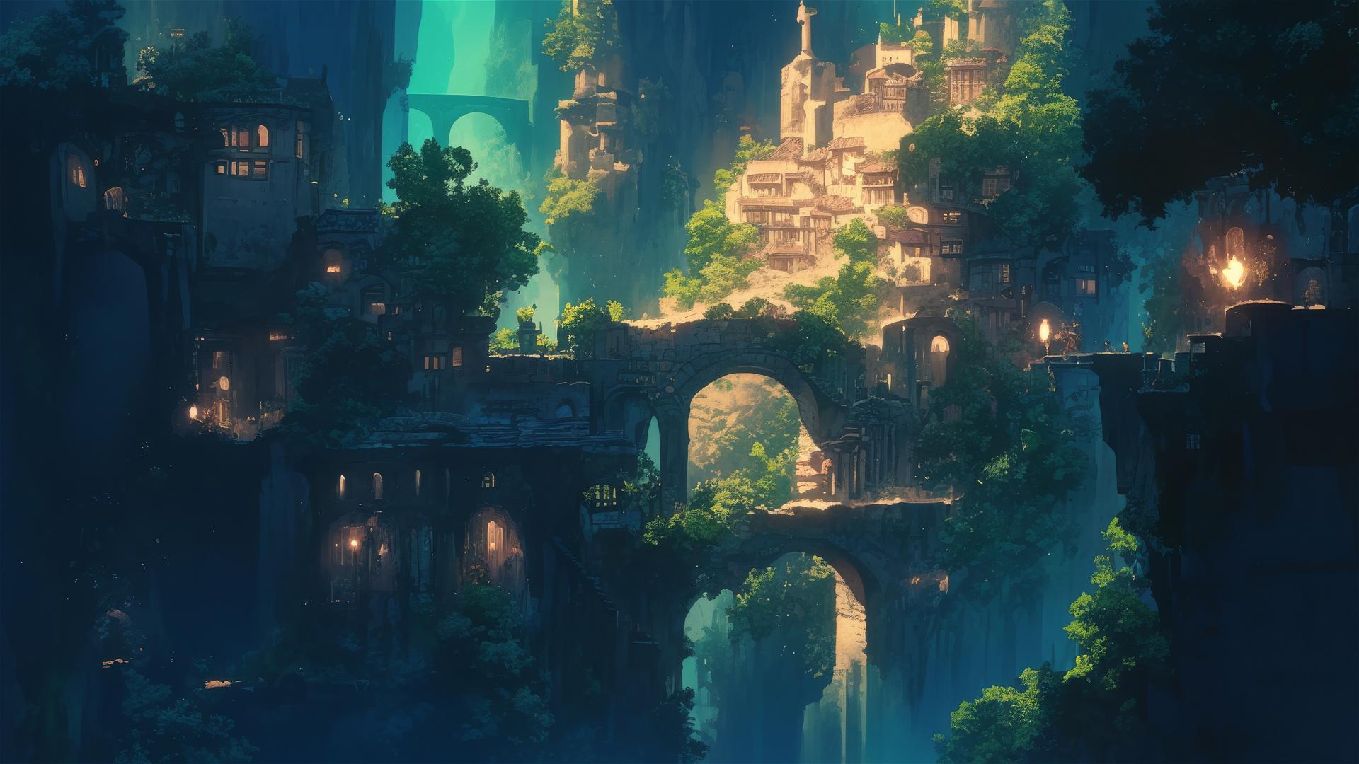 Ghibli-style castle in mist with ancient curses and torchlight