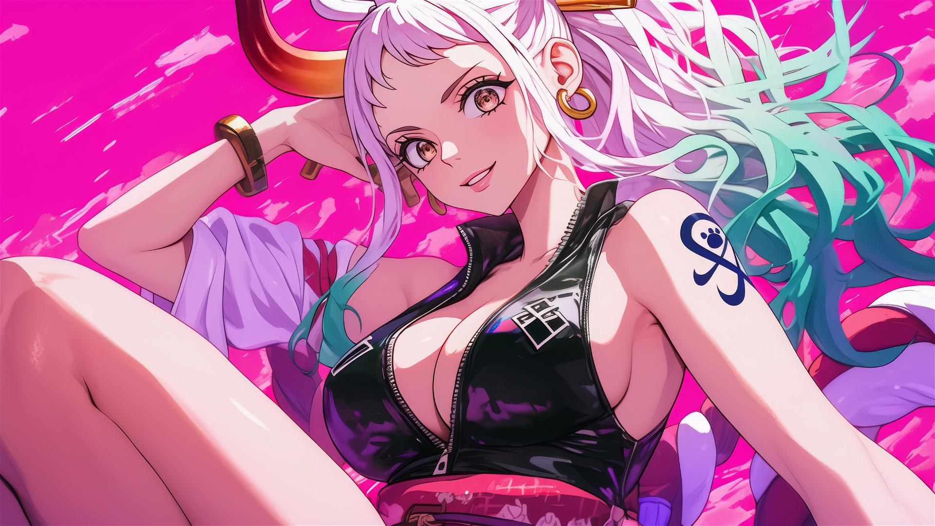 Yamato from One Piece in leather, neon pink backdrop.
