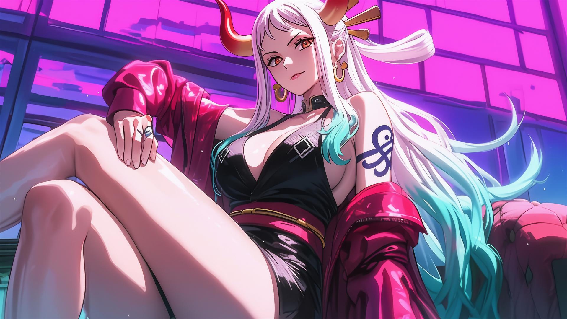 Yamato in black and pink leather under neon pink light