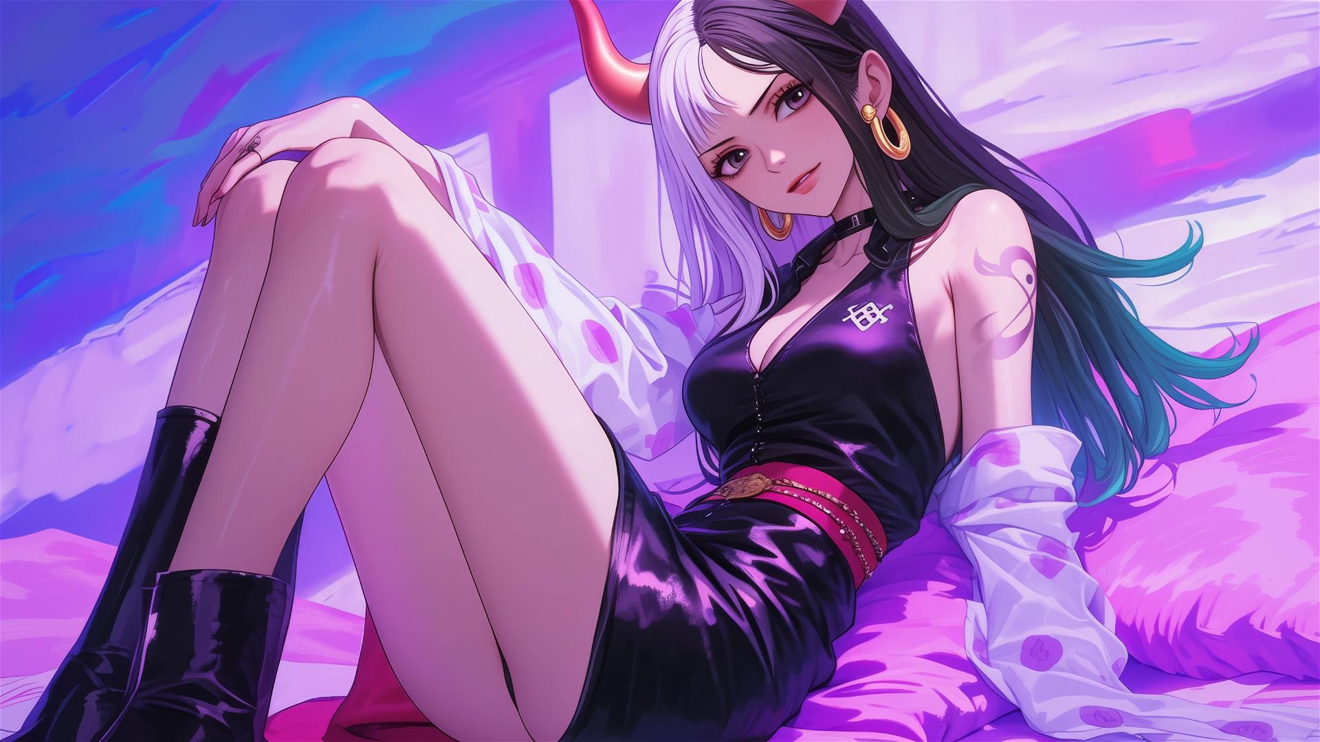 Yamato in black and pink leather under neon pink light