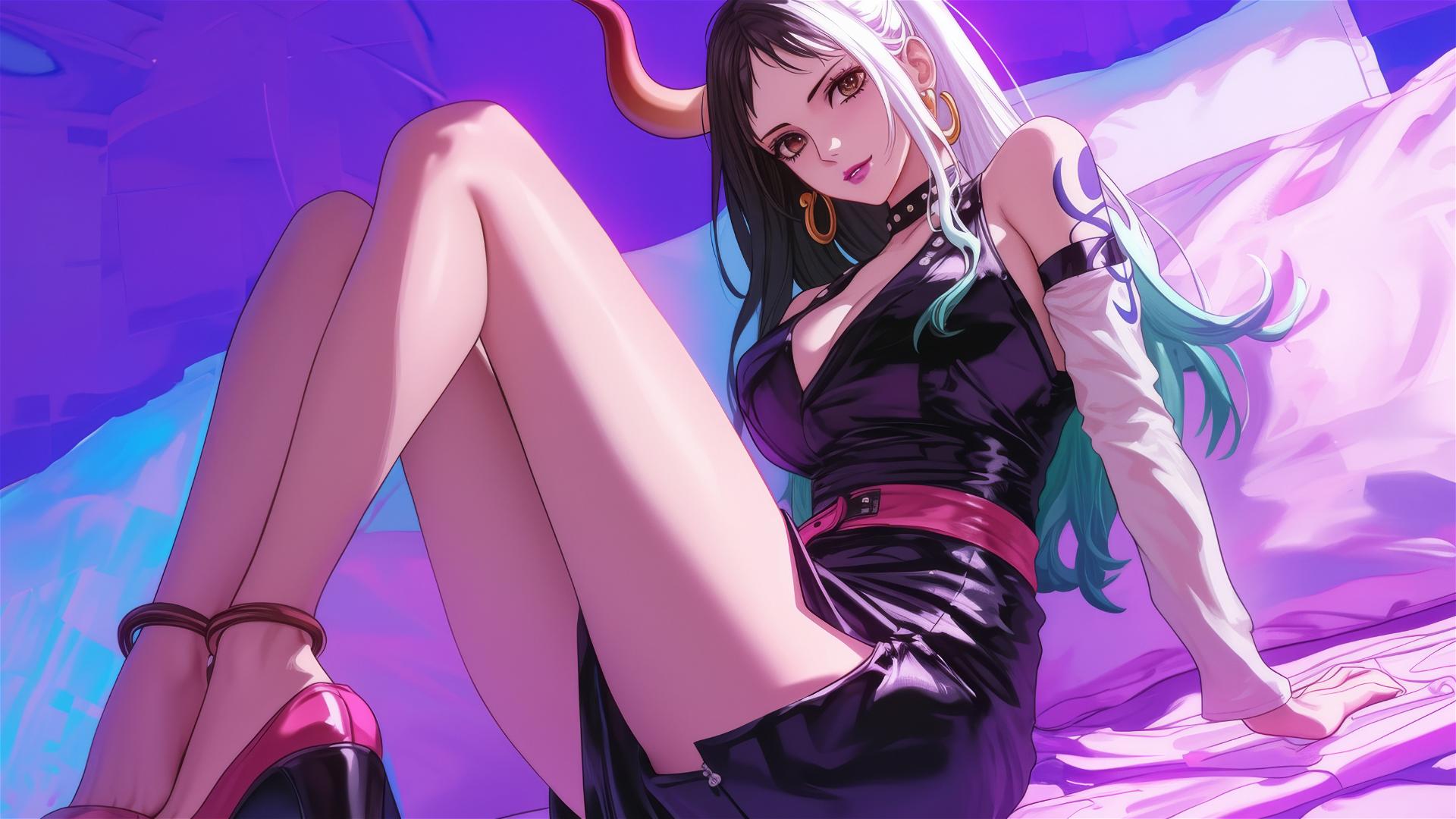 Yamato in black and pink leather under neon pink light