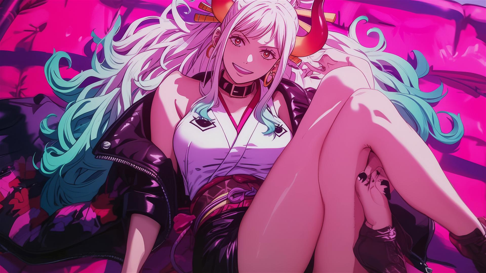 Yamato from One Piece in black and pink leather on a bed, neon pink light.