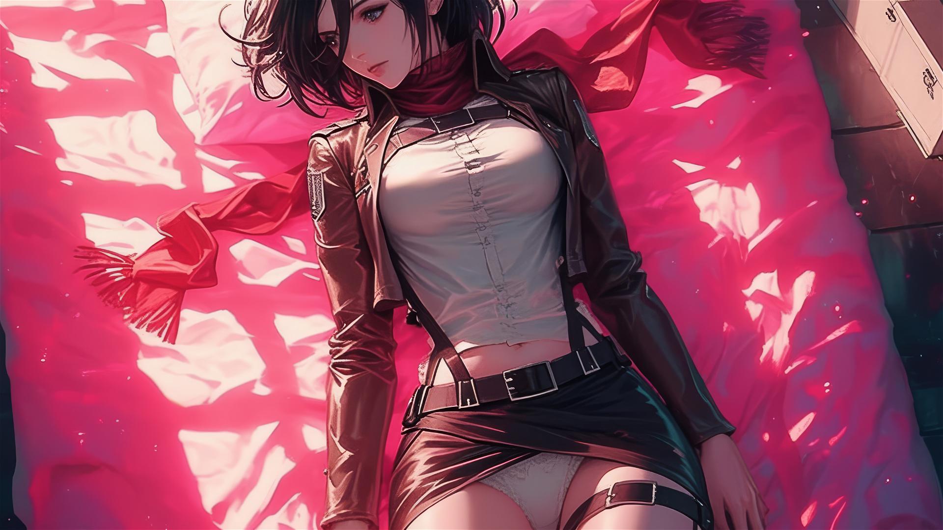 Mikasa Ackerman in black and pink leather on a bed, neon pink light illuminating her.